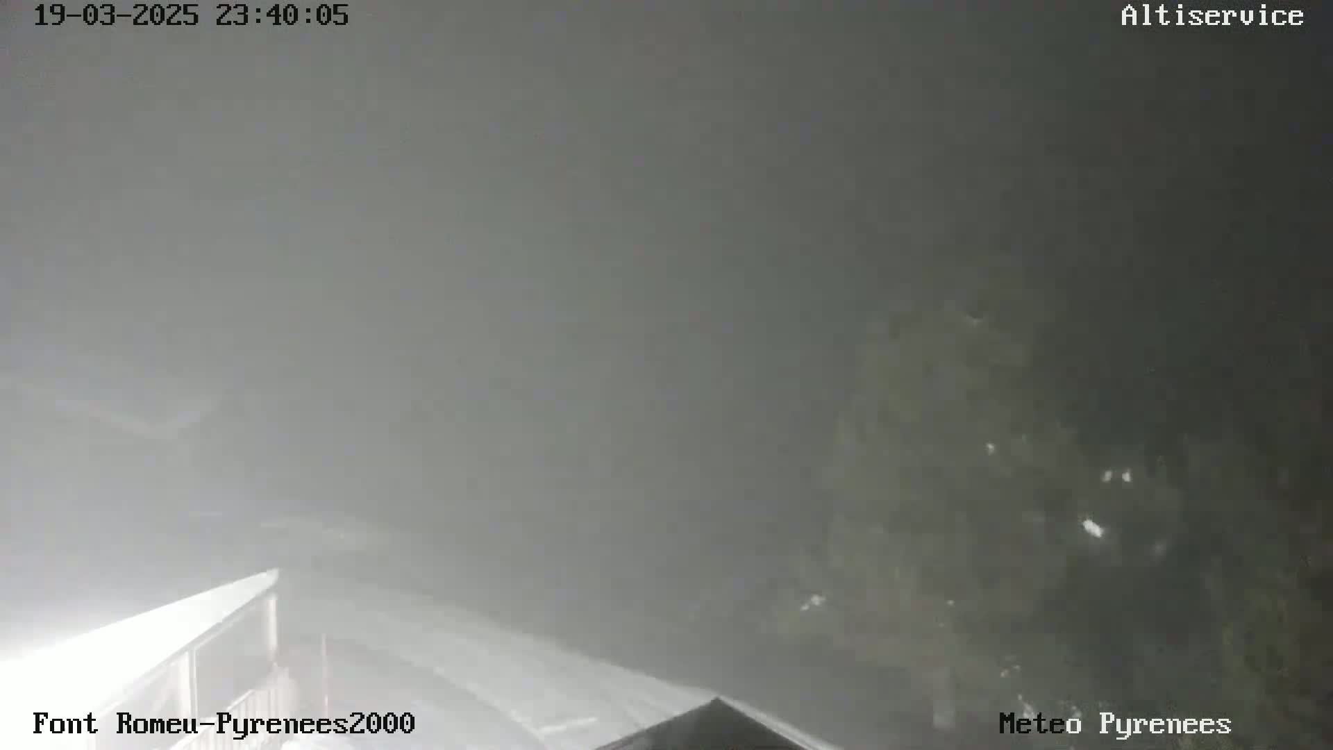 A nighttime scene shrouded in thick fog obscures visibility of a building and surrounding vegetation.