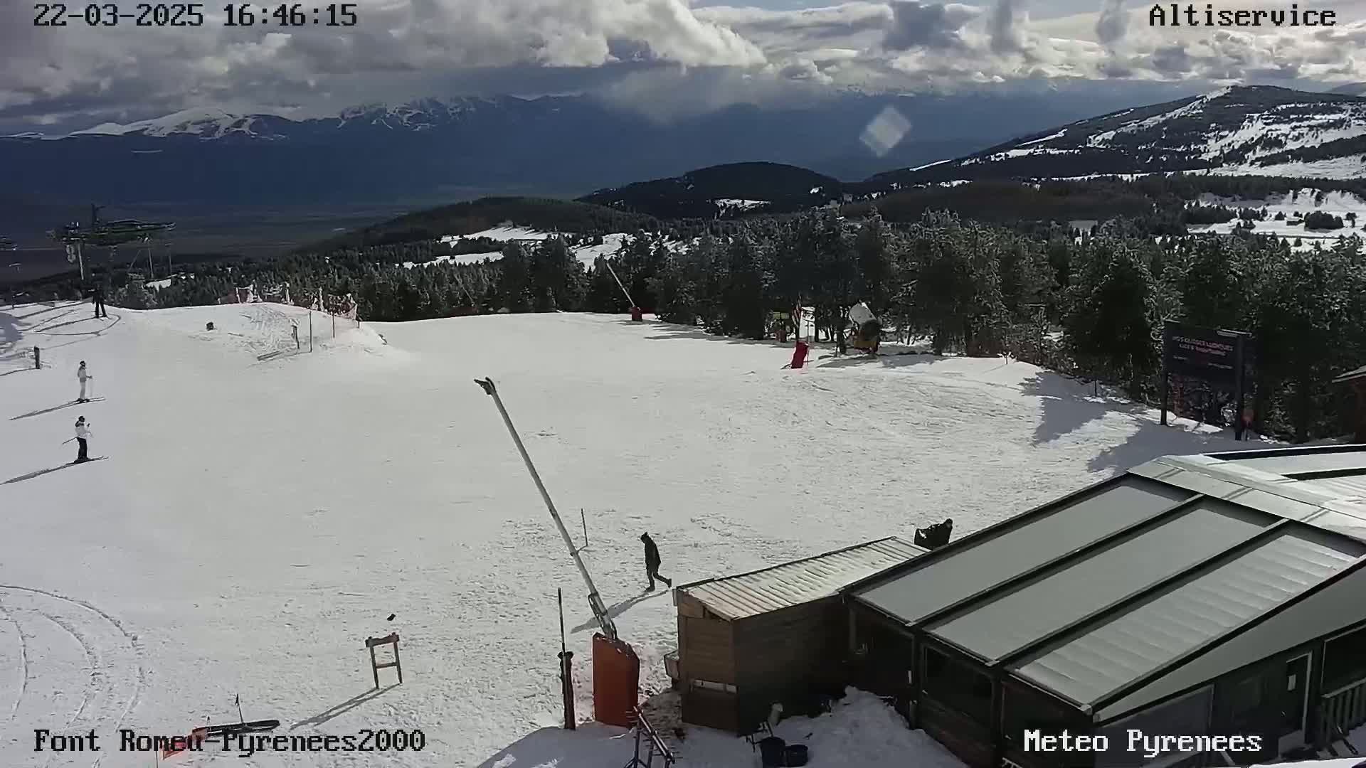 A snowy ski slope with a few skiers and a building, under partly cloudy skies, with mountains in the background.