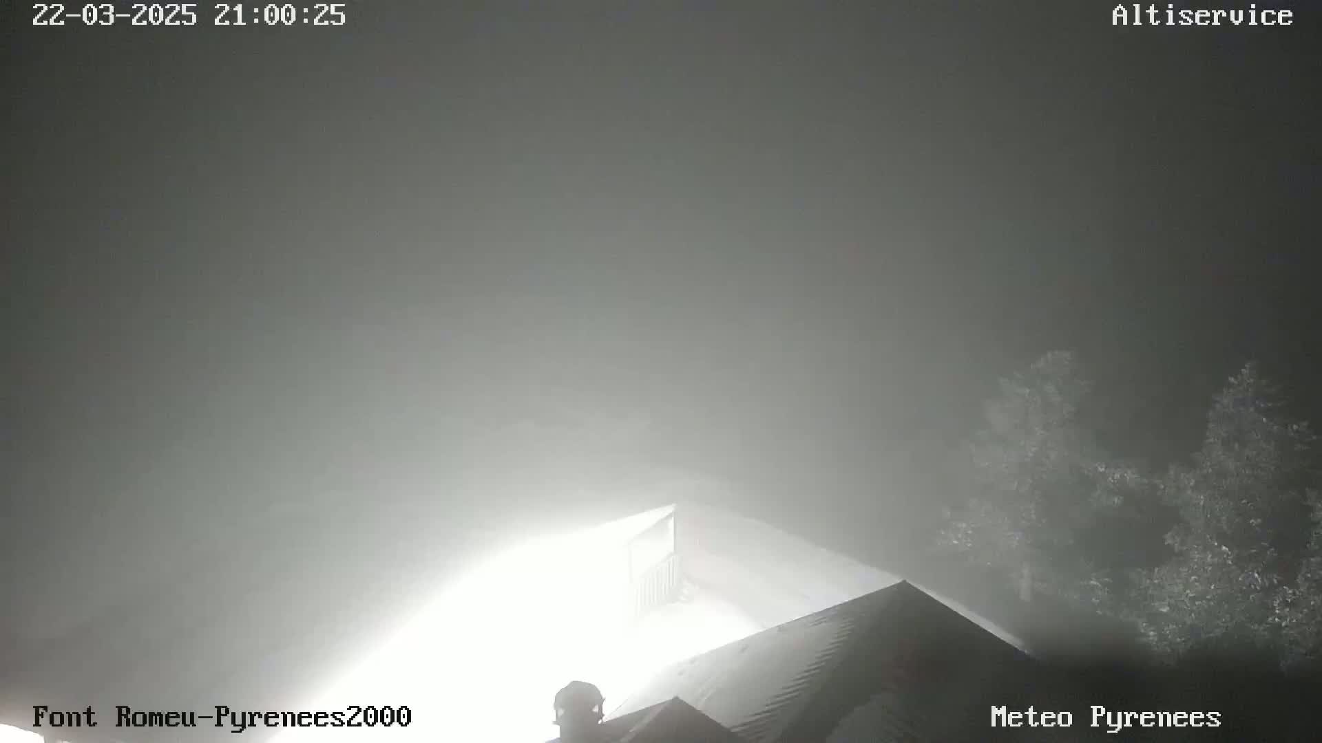 A nighttime, foggy view shows the top of a building partially obscured by heavy fog, with some trees visible in the background.