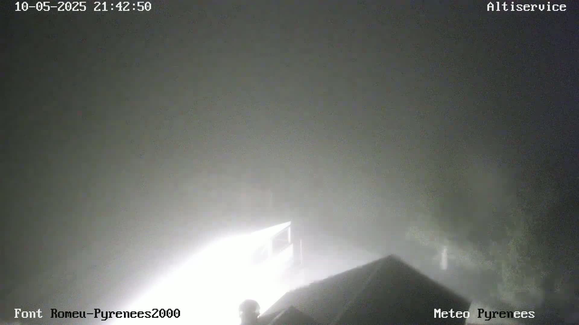 A nighttime, foggy scene shows a bright light illuminating part of a dark building and some surrounding trees.