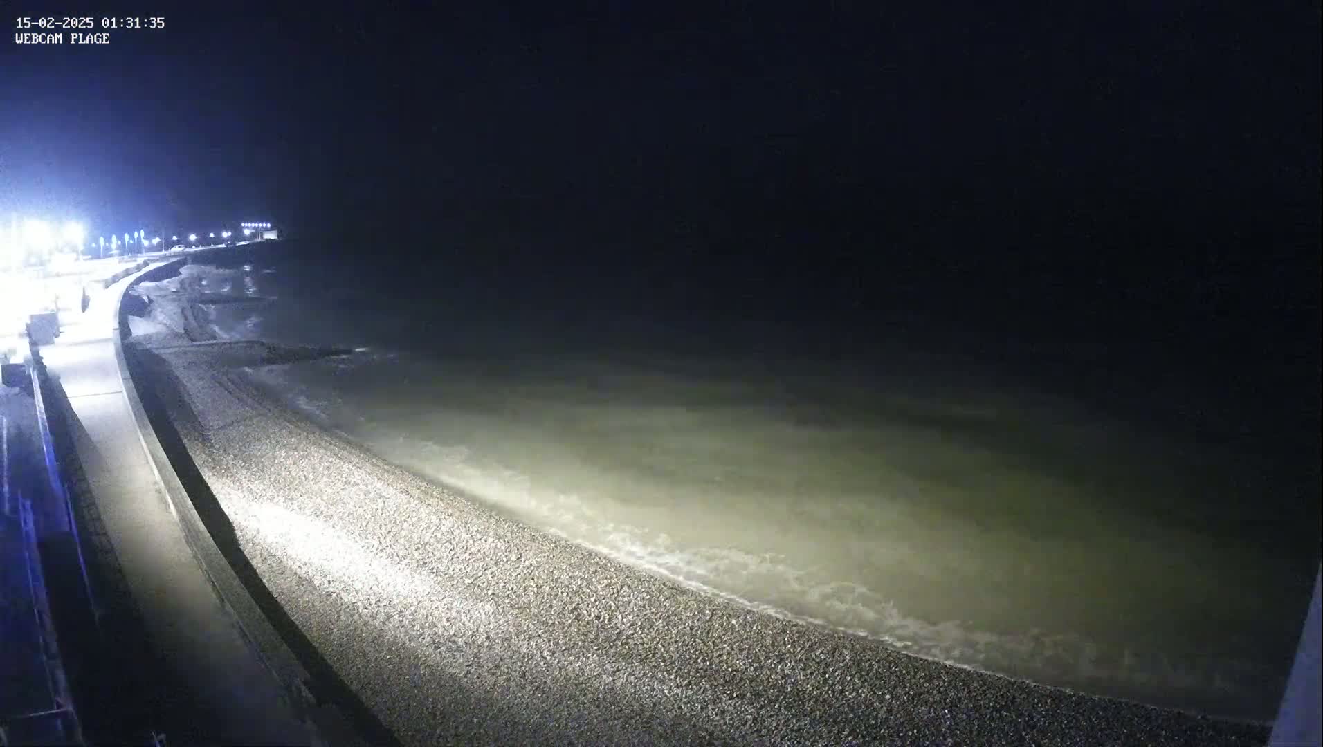 At night, gentle waves lap a pebbled shore next to a paved walkway lit by streetlights.