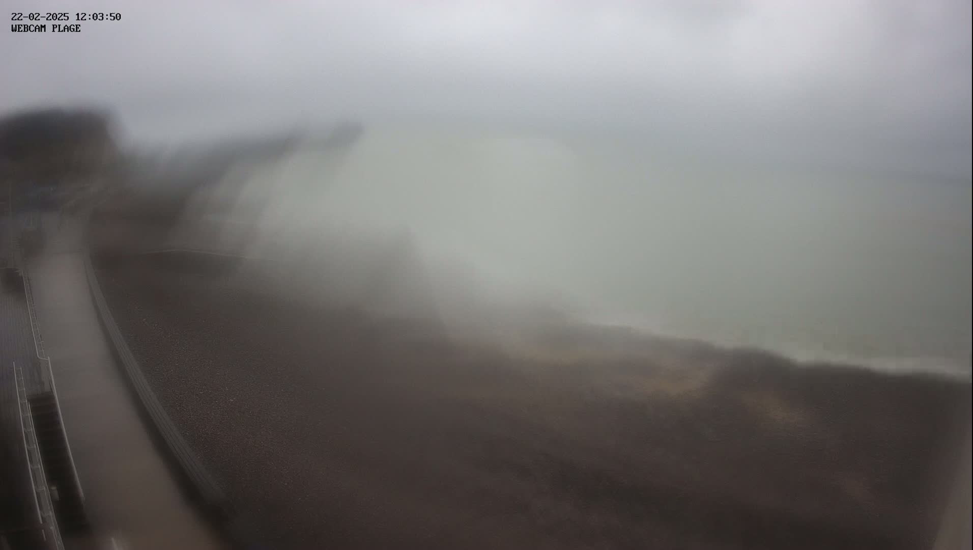 A foggy coastal scene shows a dark shoreline, a path, and a blurry ocean in the distance.