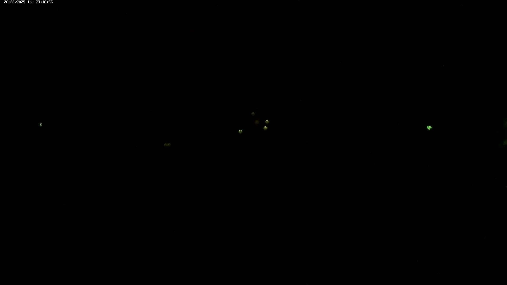 A dark nighttime scene shows several small, faint lights in the distance.