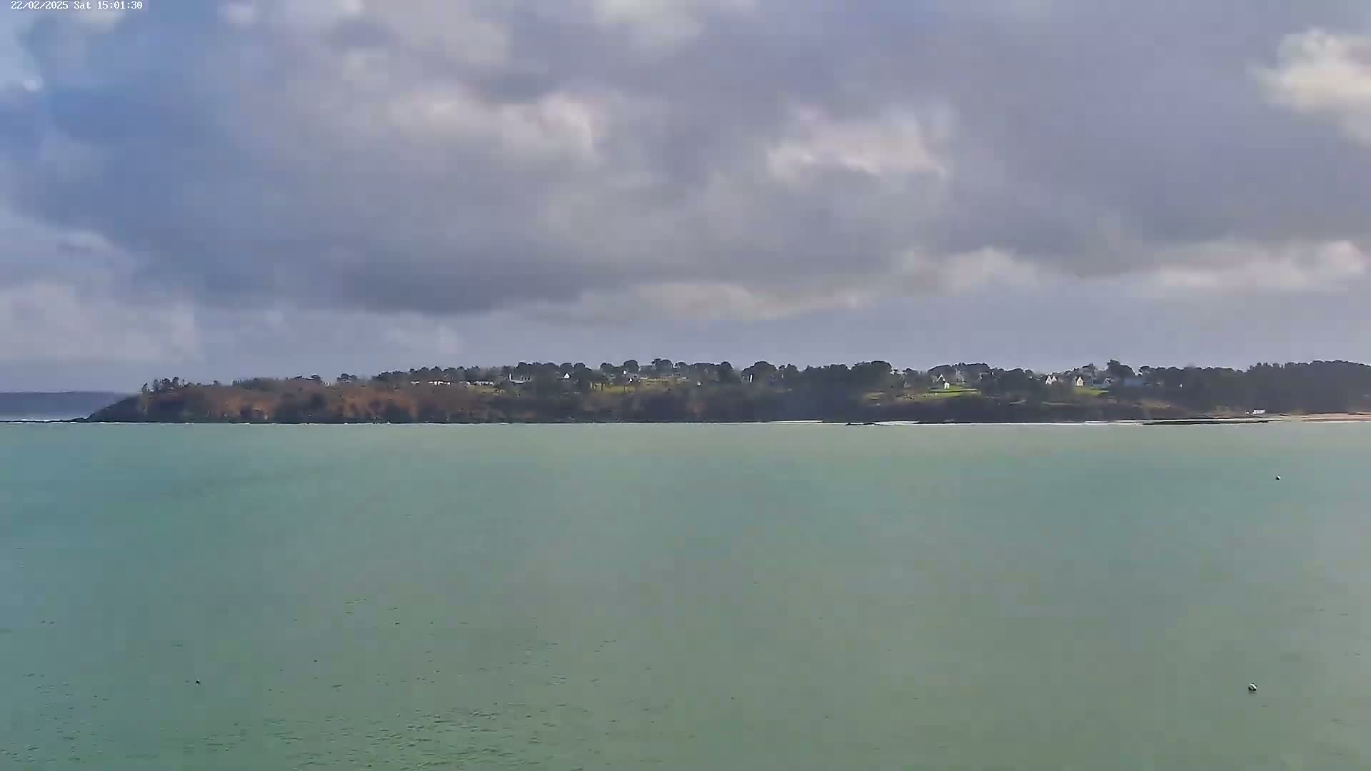 A calm, greenish-grey body of water stretches towards a distant shoreline under a cloudy sky.
