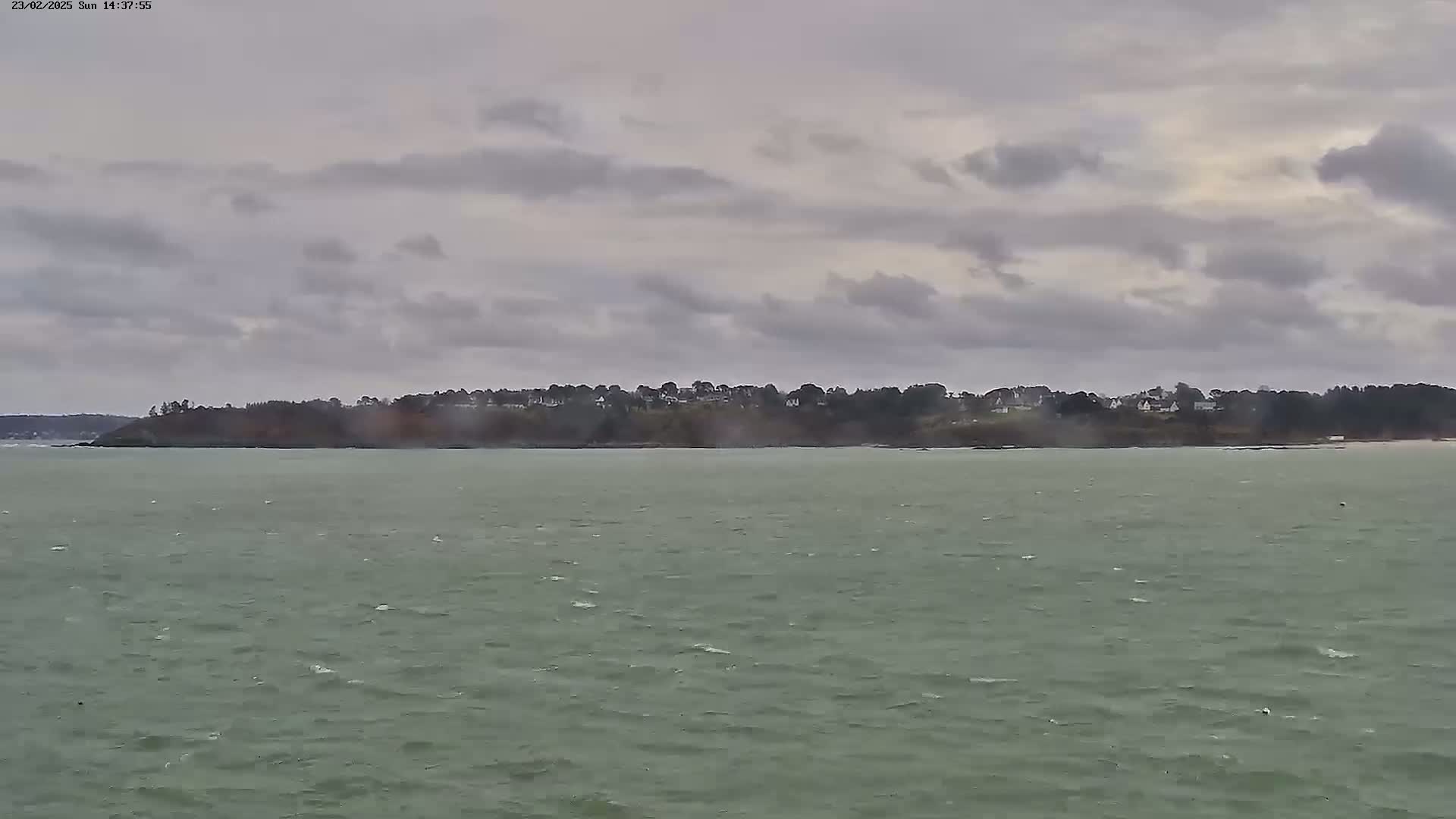A body of choppy, greenish water stretches to a distant shoreline with a line of trees and buildings under a cloudy sky.