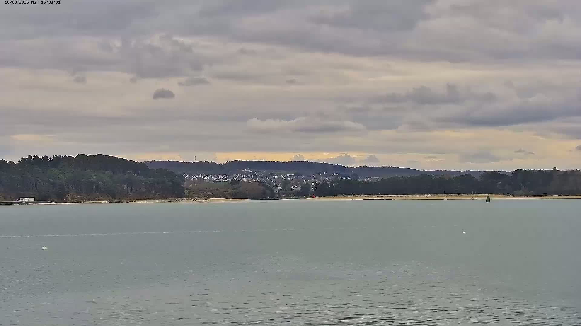 A calm body of water stretches out before a line of trees and a distant town under a cloudy sky.