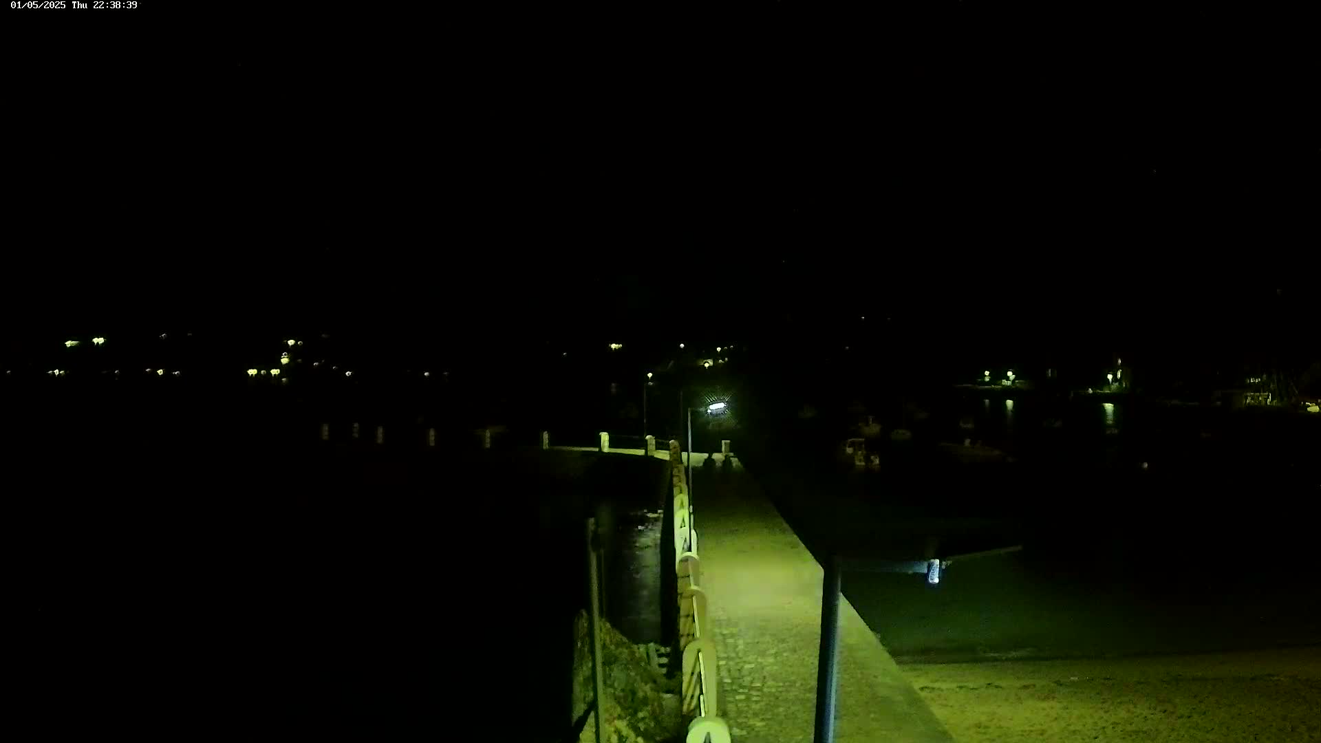 A paved walkway at night, illuminated by a lamp, leads toward a dark body of water with faintly visible lights on the opposite shore.