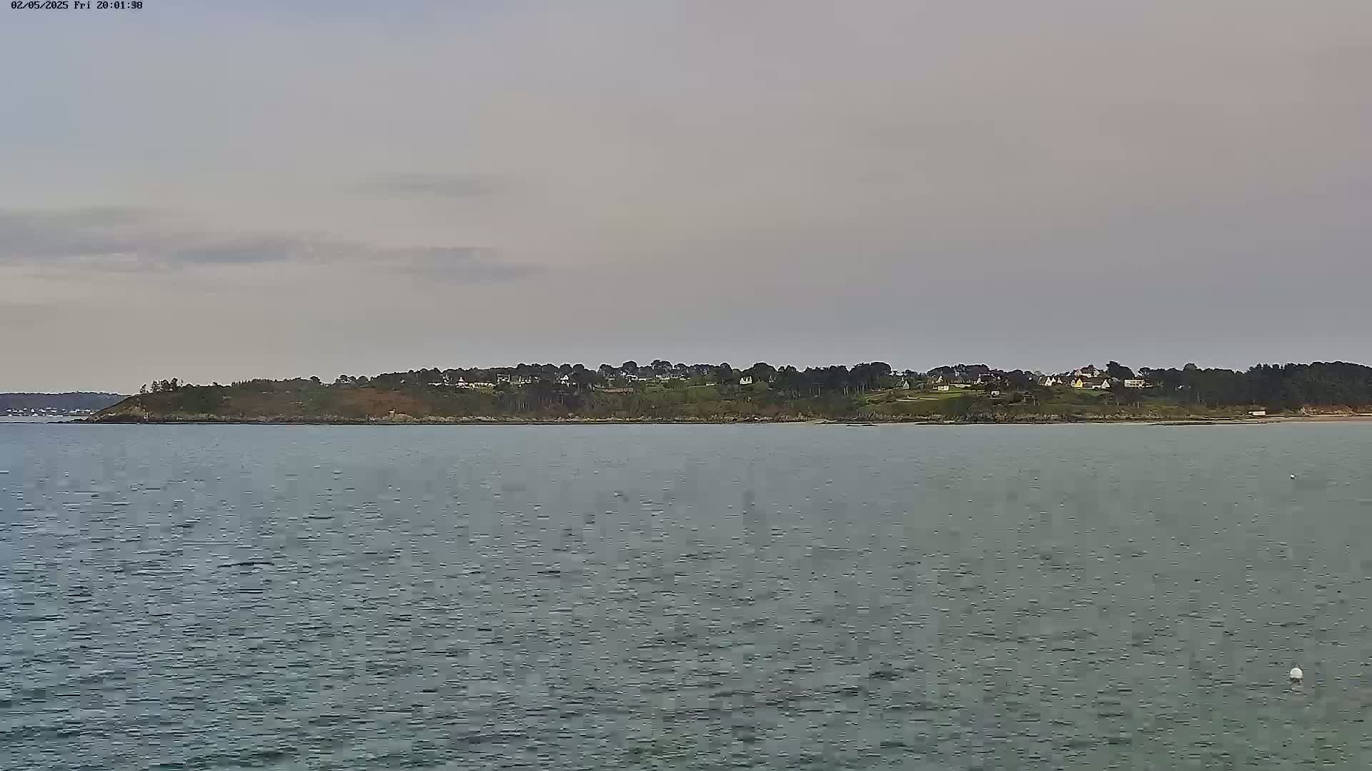 A calm body of water stretches to a distant shoreline where a line of trees and houses sit atop a gently sloping hill under an overcast sky.