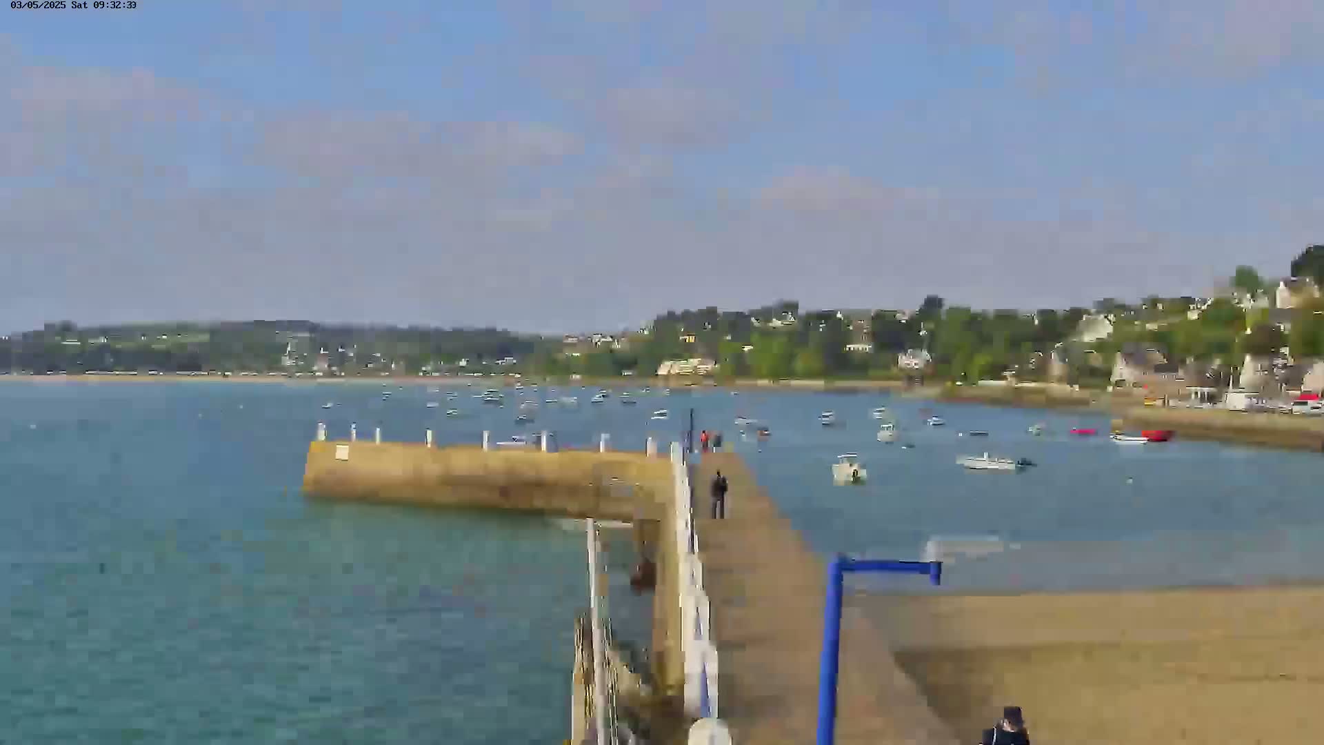 A calm, sunny day shows a pier extending into a bay filled with numerous small boats, with a town and green hills visible in the background.