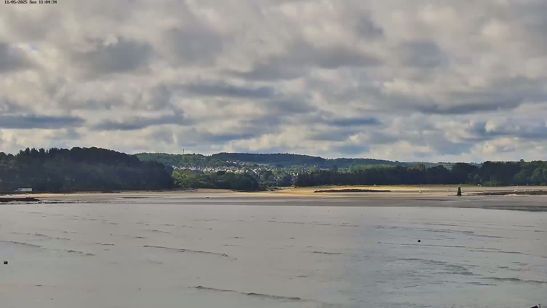 A mostly cloudy sky hangs over a wide expanse of calm, light-grey water, a sandy shore, and a distant line of dark green trees and buildings.