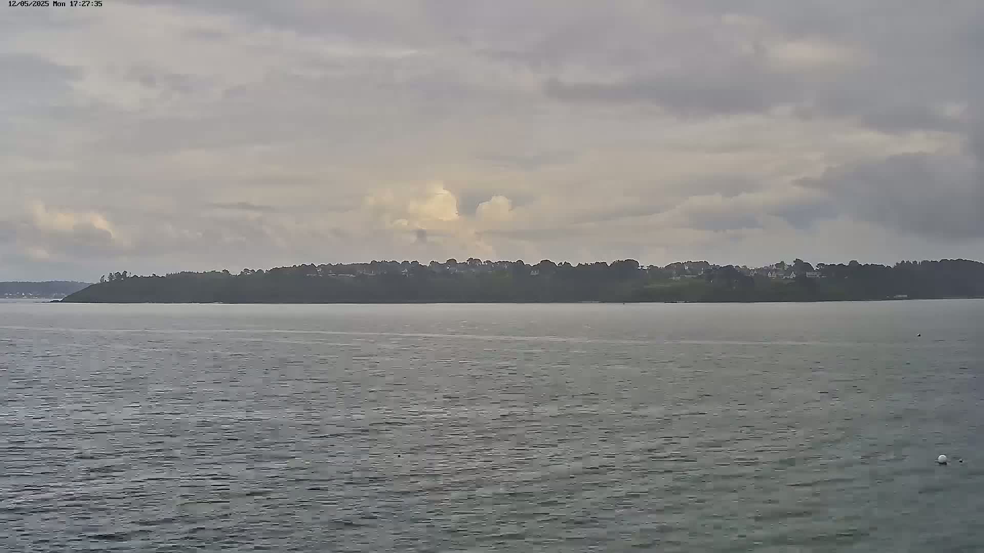 A calm body of water stretches towards a tree-lined shore under a cloudy sky.