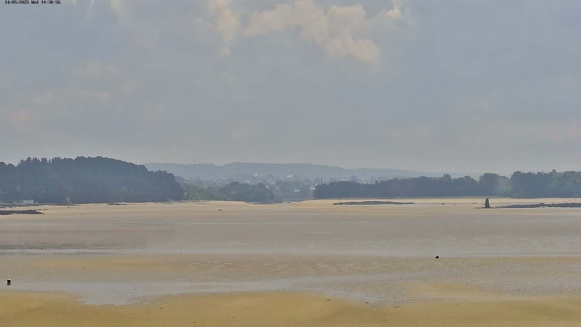 A mostly sunny day reveals a vast expanse of tidal flats, with a line of trees and distant buildings visible in the background.