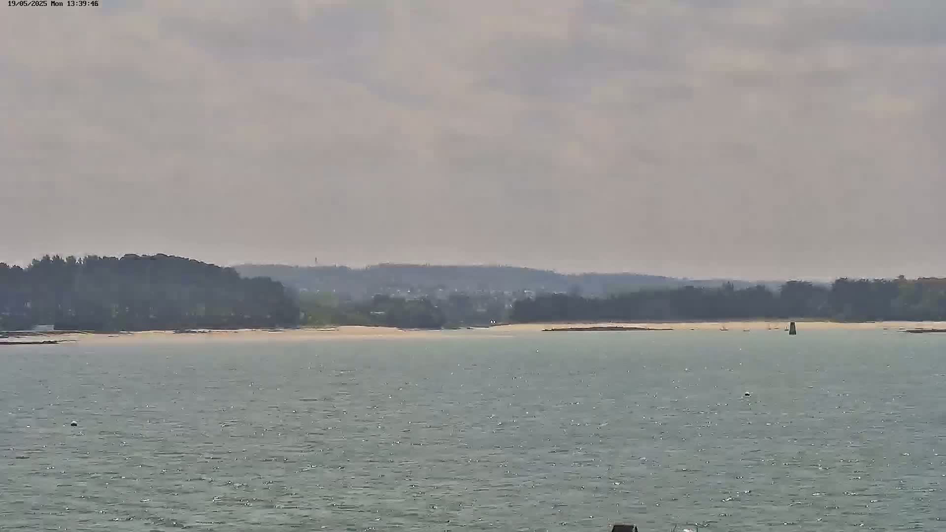 A hazy, light-grey sky hangs over a calm body of water, across which a sandy shore and a line of dark green trees are visible in the distance.