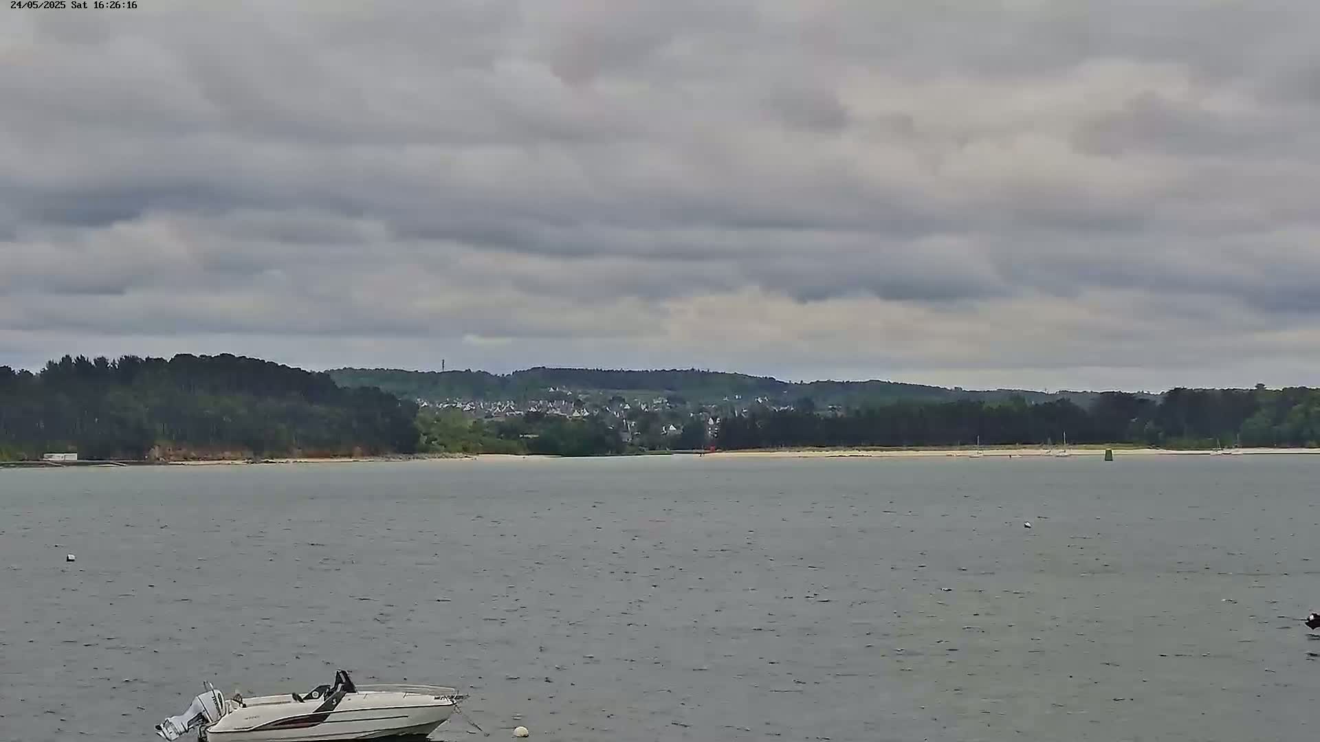 A calm body of water stretches out to a sandy shore backed by a line of dark green trees and a distant town under an overcast sky.