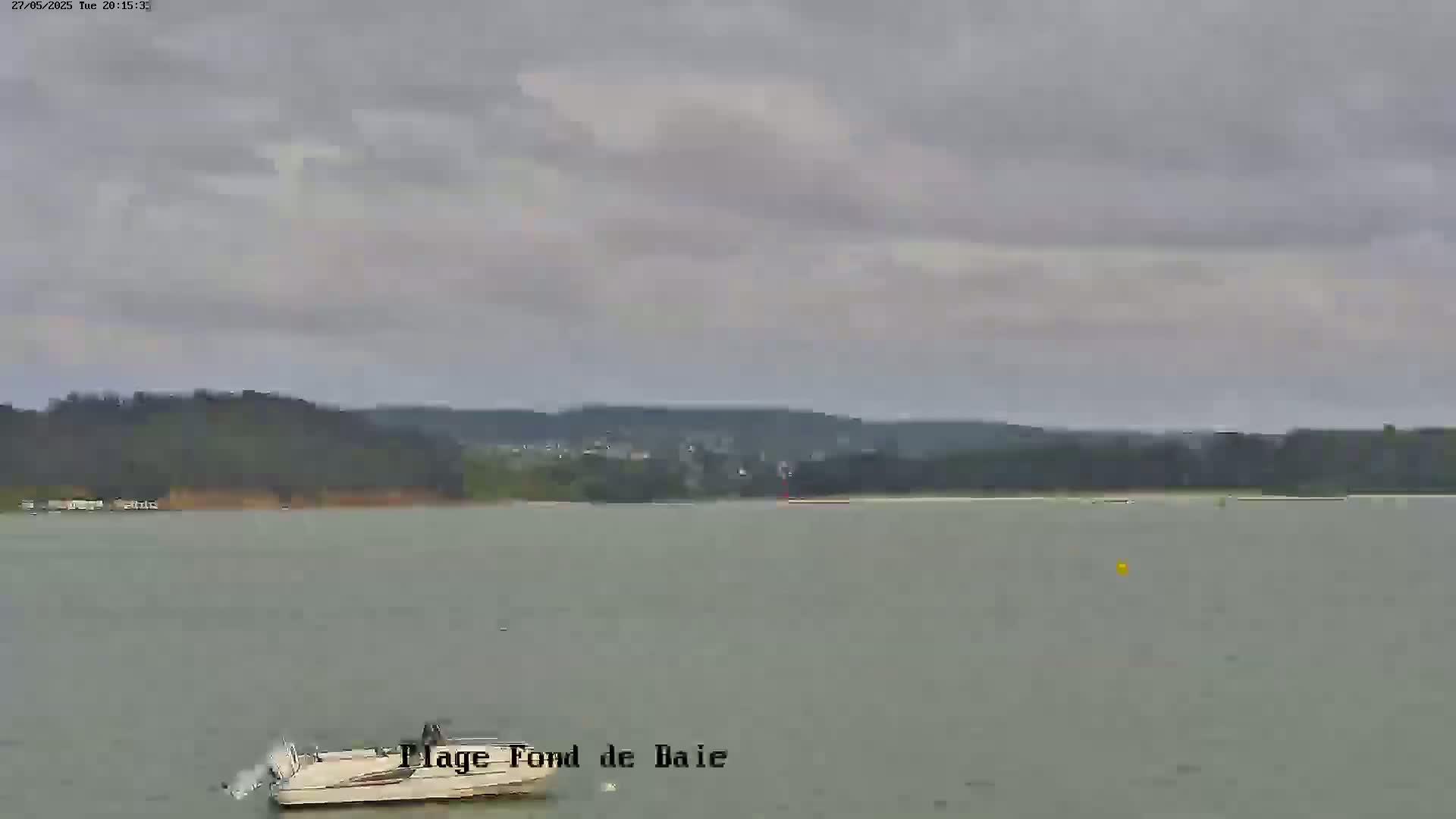 A motorboat is on calm, gray water in front of a treeline under an overcast sky.