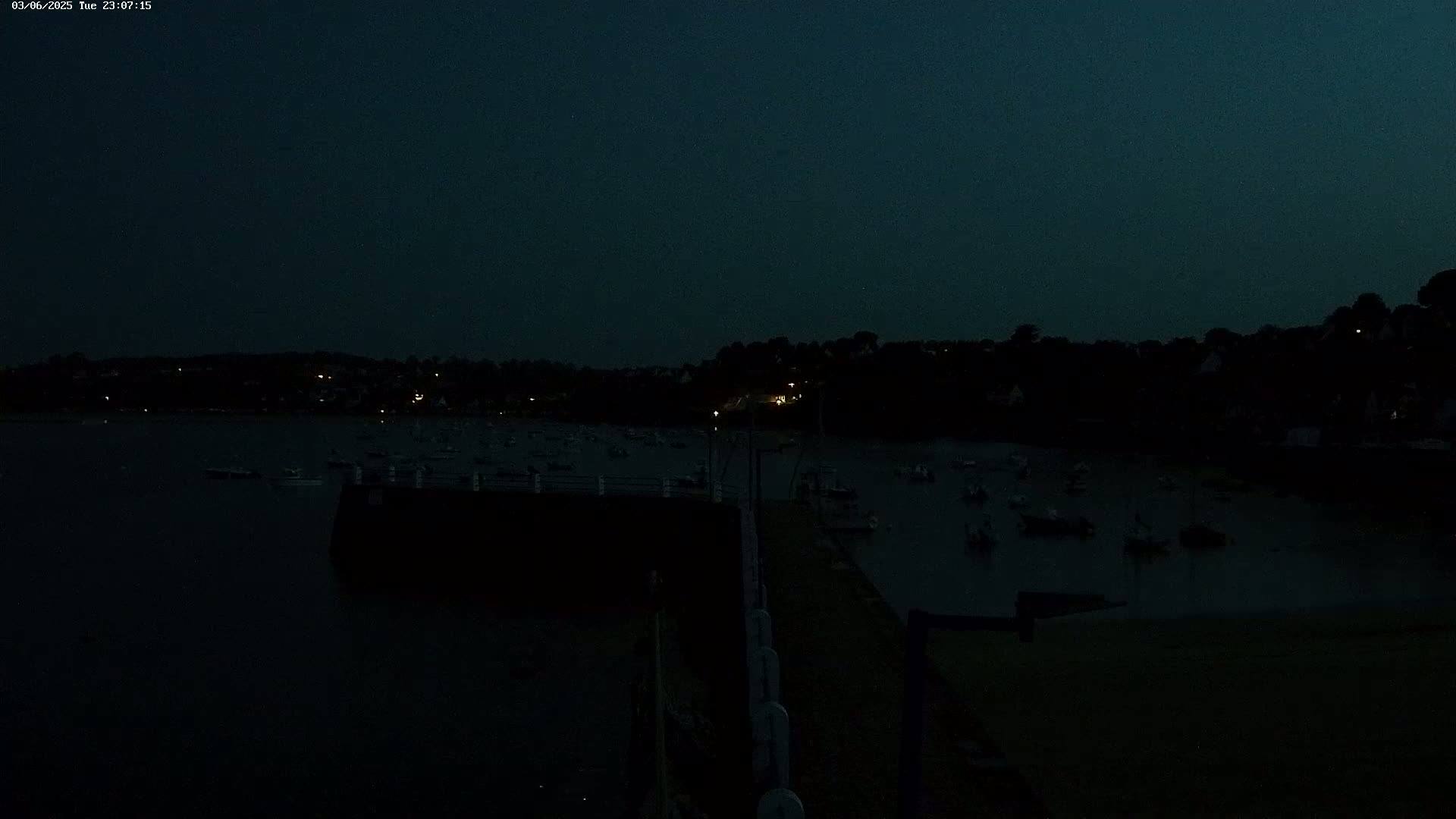 A dark, nighttime view of a calm body of water with numerous boats moored, a shoreline with dim lights, and a pier extending into the water.