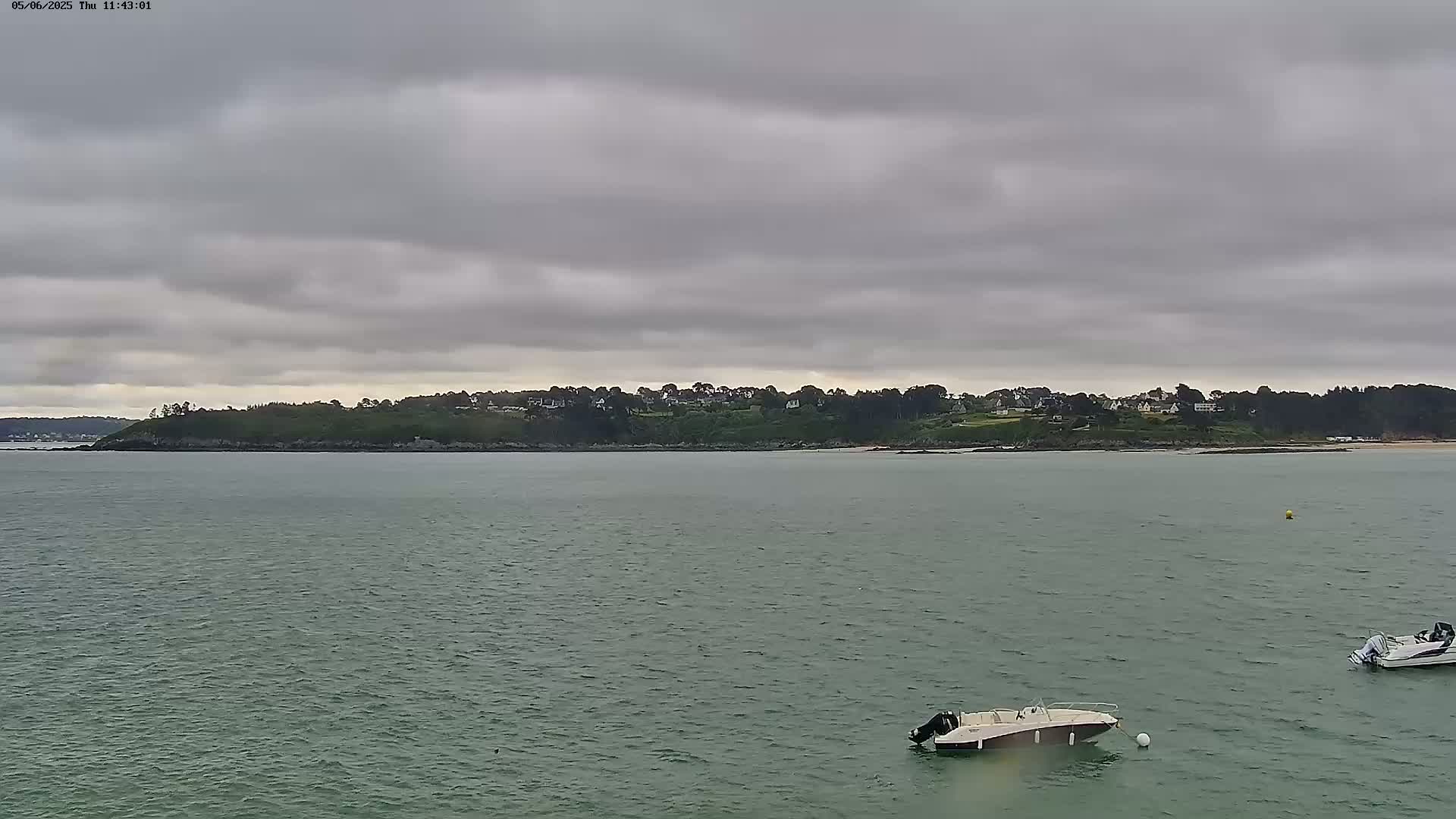 Two small motorboats are moored in calm, greenish water under an overcast sky, with a distant shoreline featuring a line of trees and buildings.
