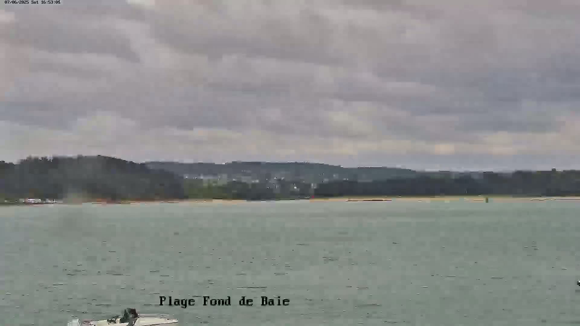 A calm body of water stretches out before a sandy beach and a line of dark green trees under an overcast sky.