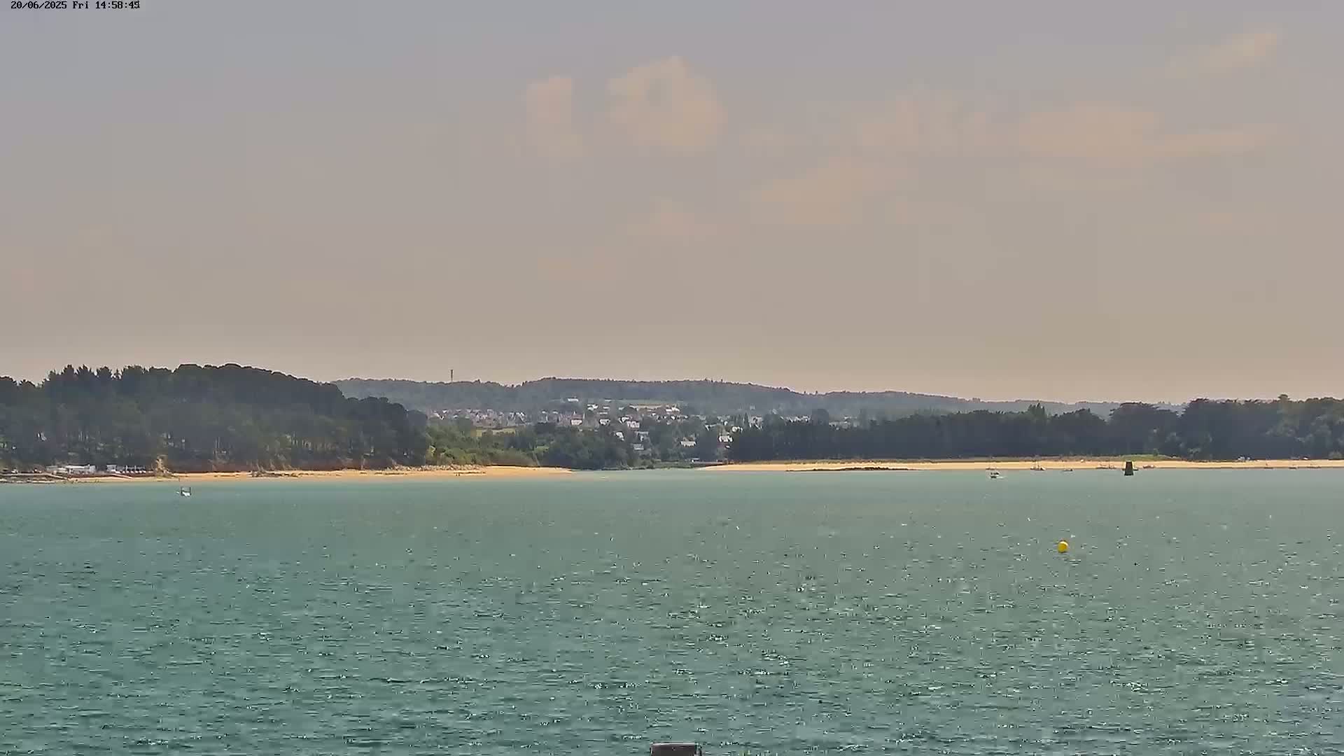 A calm body of water stretches toward a sandy shore backed by a line of dark green trees and a distant town under a hazy sky.