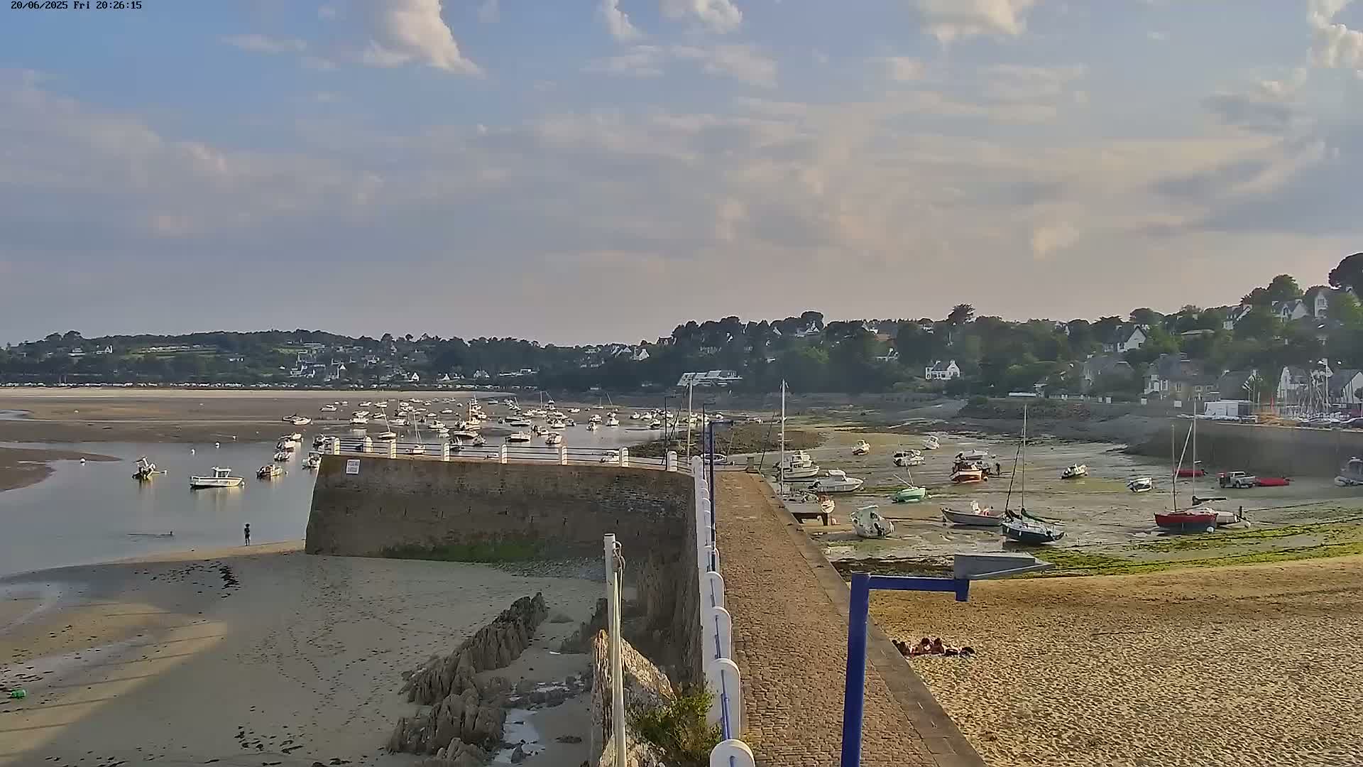 A sandy beach and harbor with numerous boats at low tide under a partly cloudy sky.