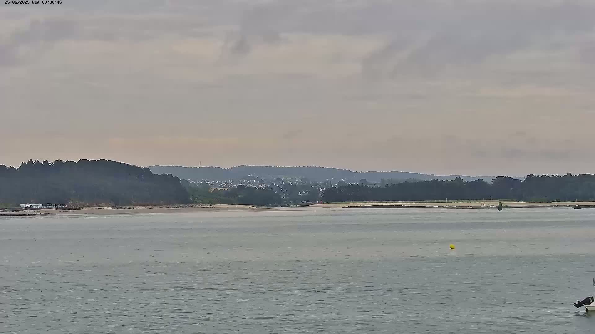 A calm body of water stretches out before a shoreline of trees and a distant town under an overcast sky.