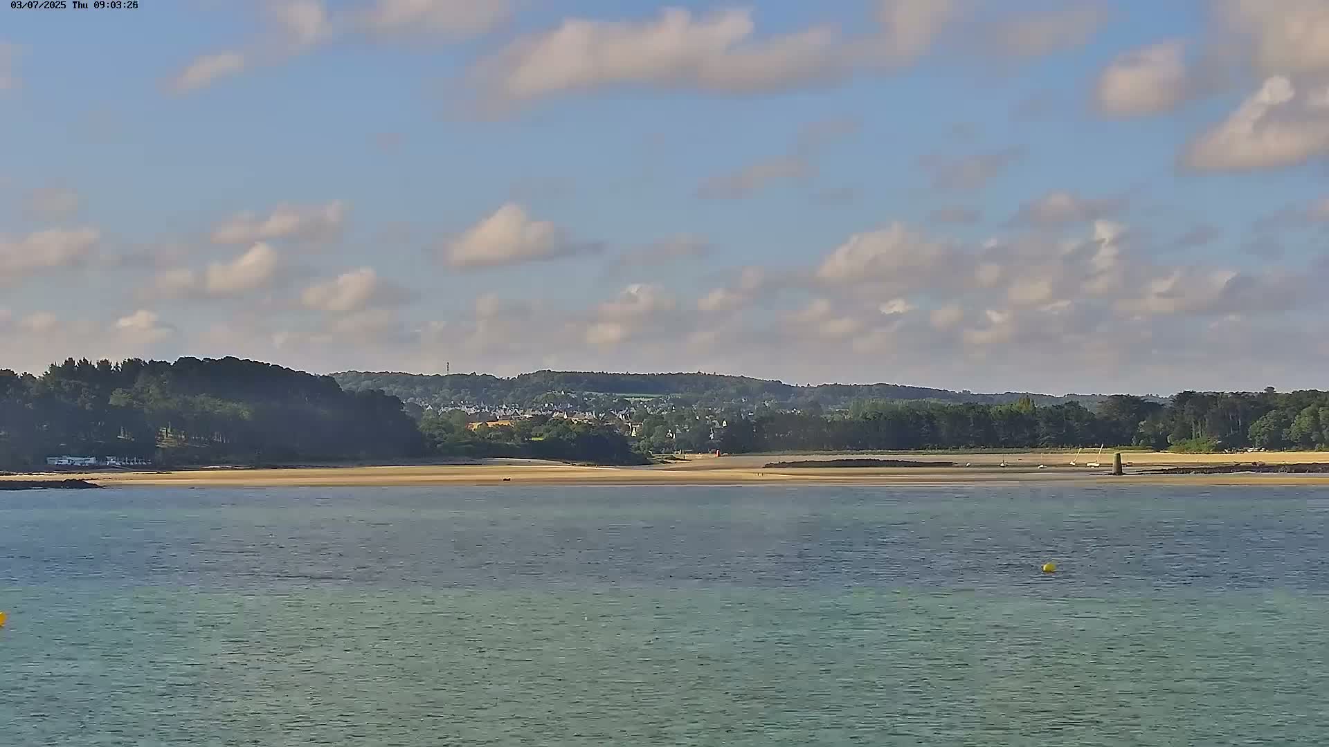 A calm body of water stretches out to a sandy beach backed by a line of dark green trees and a distant town under a partly cloudy sky.