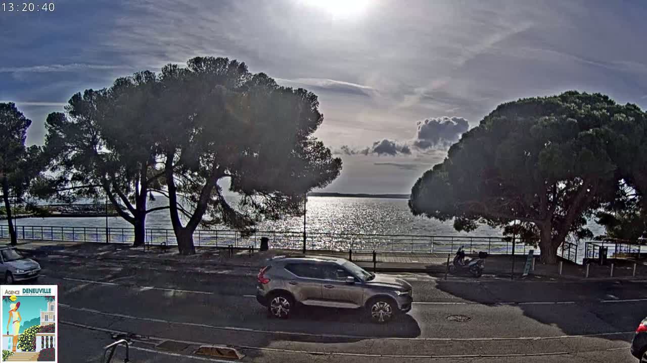 A silver SUV is parked on a road beside a body of water under a partly sunny sky, with large trees shading the road and a scooter parked nearby.
