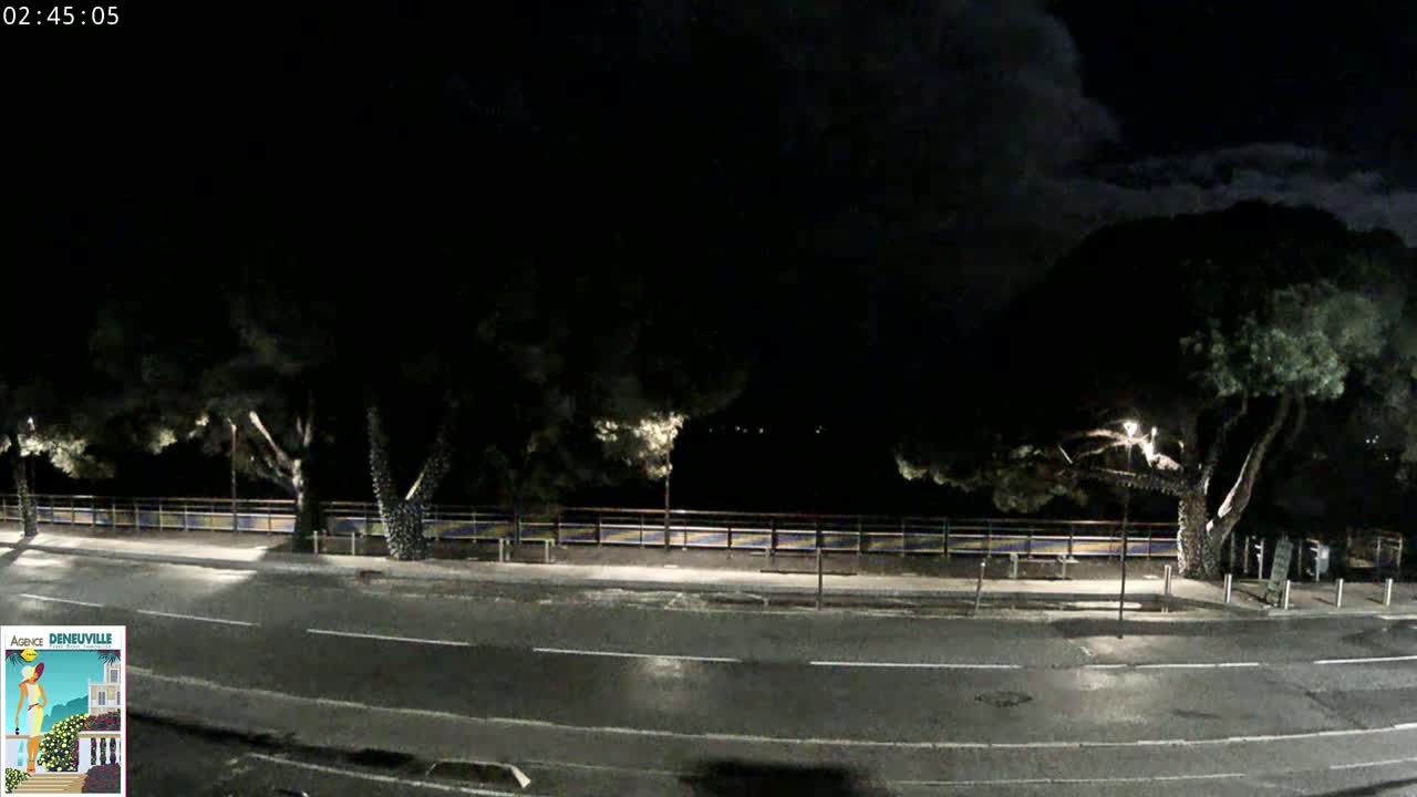 A nighttime view of a dark road lined with trees and a fence, under a cloudy sky.