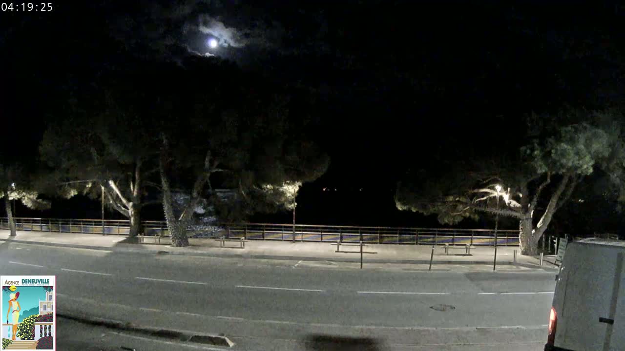 A nighttime scene shows a moonlit road lined with trees and a low fence, with a portion of a white van visible in the bottom right corner.