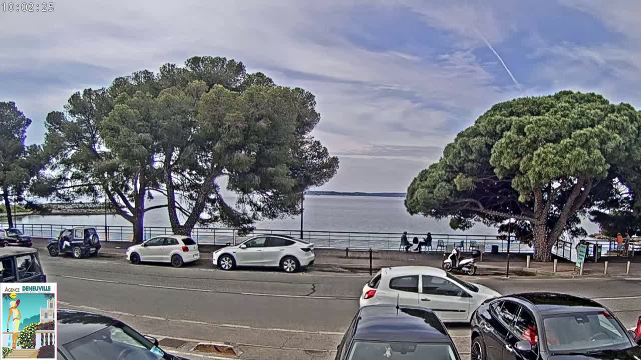 A partly cloudy sky overlooks a waterfront scene with parked cars, pedestrians, and large pine trees, all situated along a roadway.