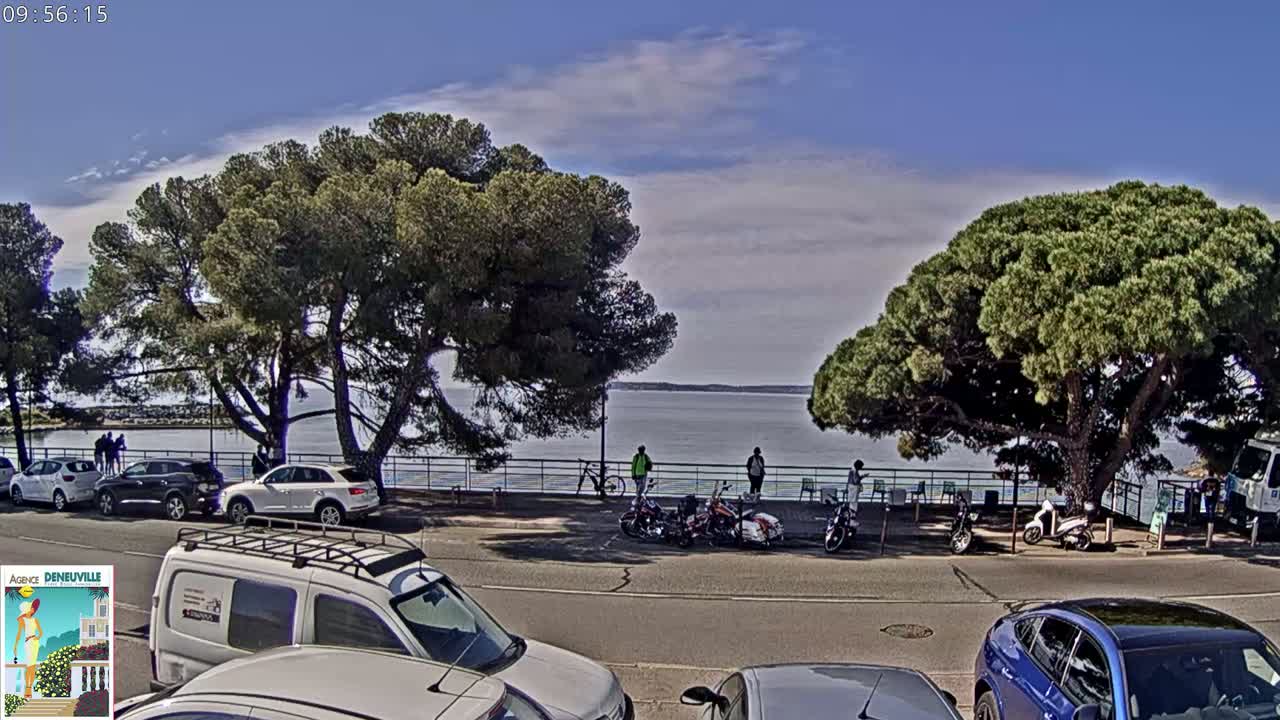 A partly sunny day shows a parking lot next to a calm body of water, bordered by lush green trees and several parked cars and motorcycles, with a few people standing near the water's edge.
