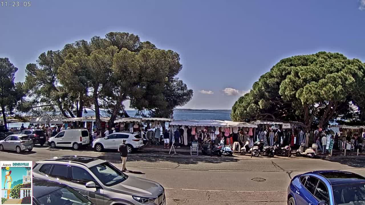 An outdoor market with clothing stalls is set up under the shade of large pine trees near a calm body of water on a sunny day.