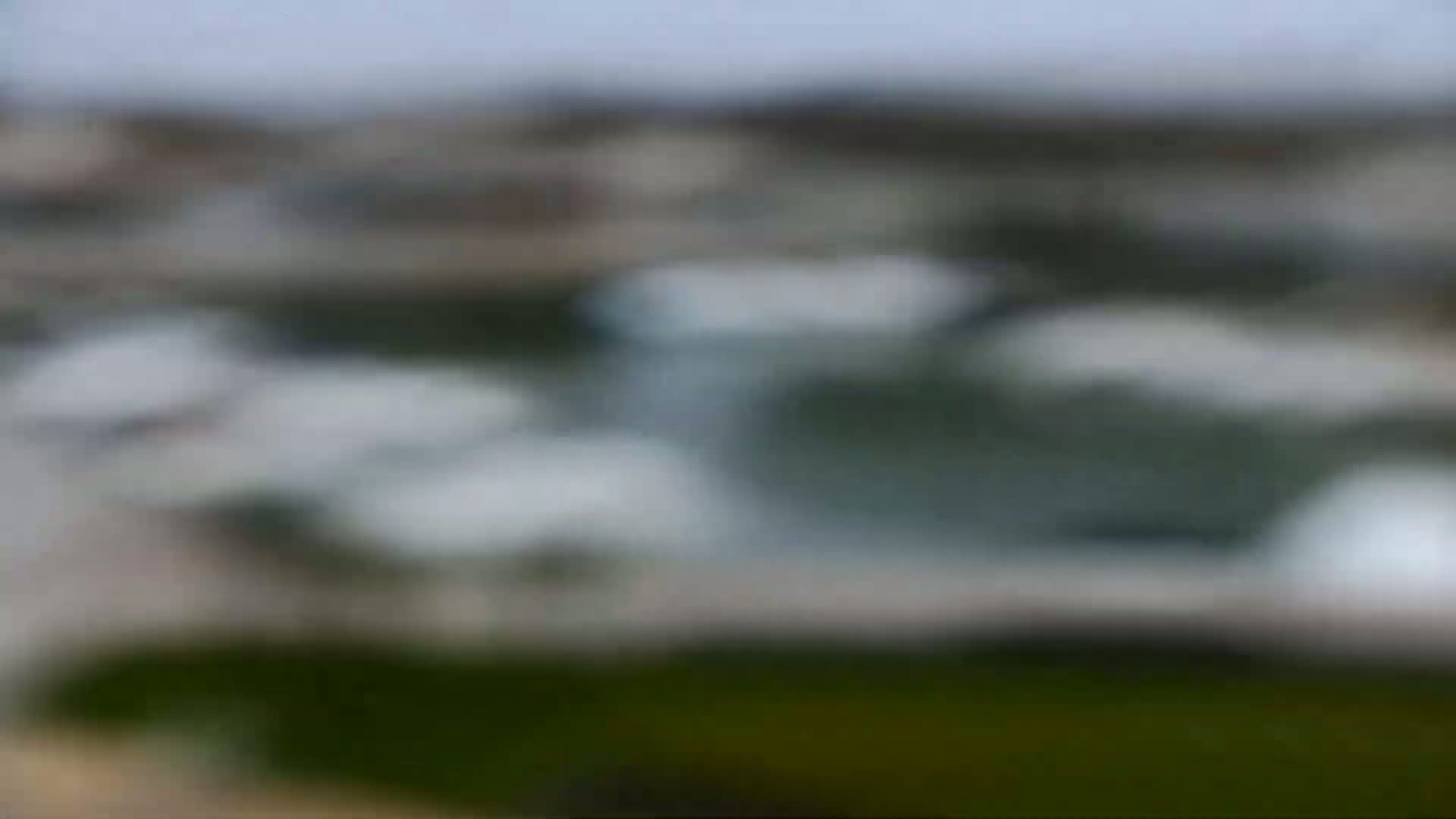 A blurry image shows several boats in a calm body of water, with muted-colored buildings and greenery in the background.