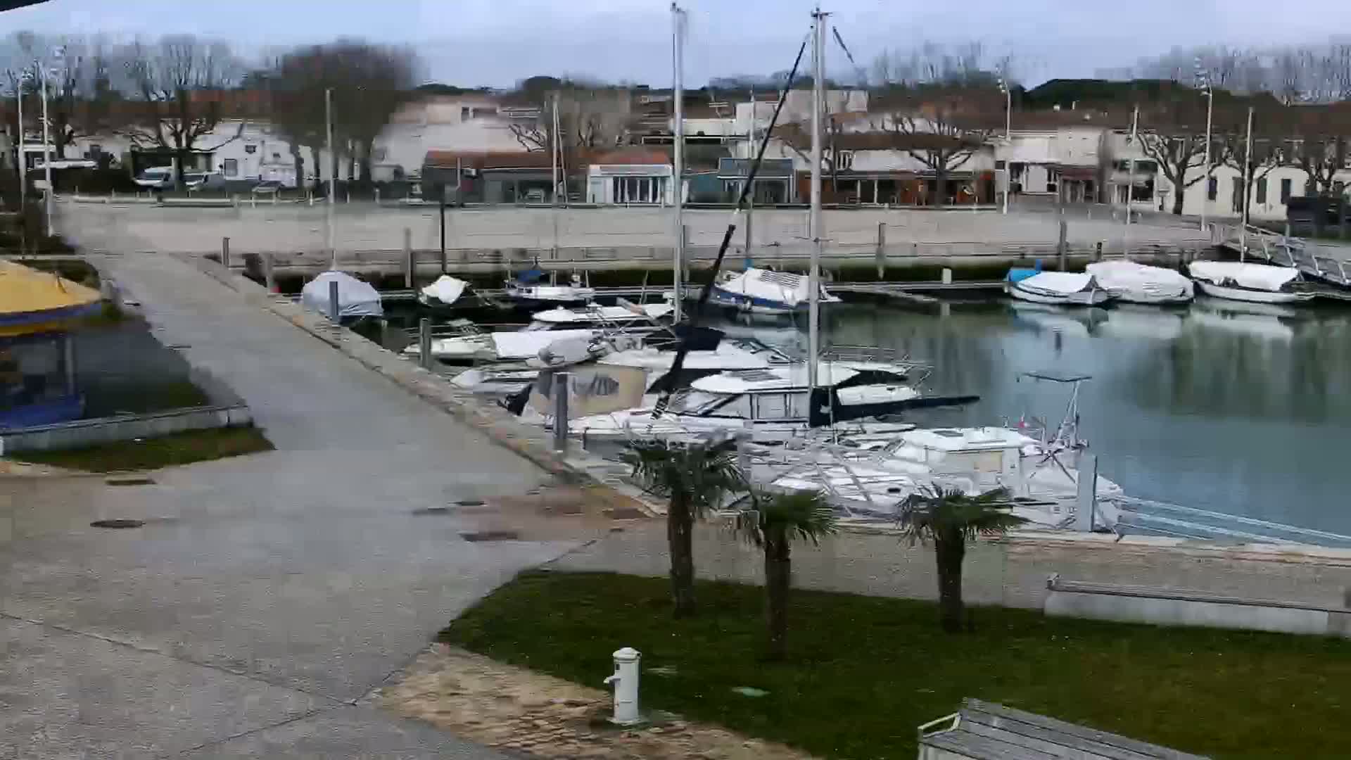 A marina filled with various boats is situated next to a paved walkway and a small town under an overcast sky.