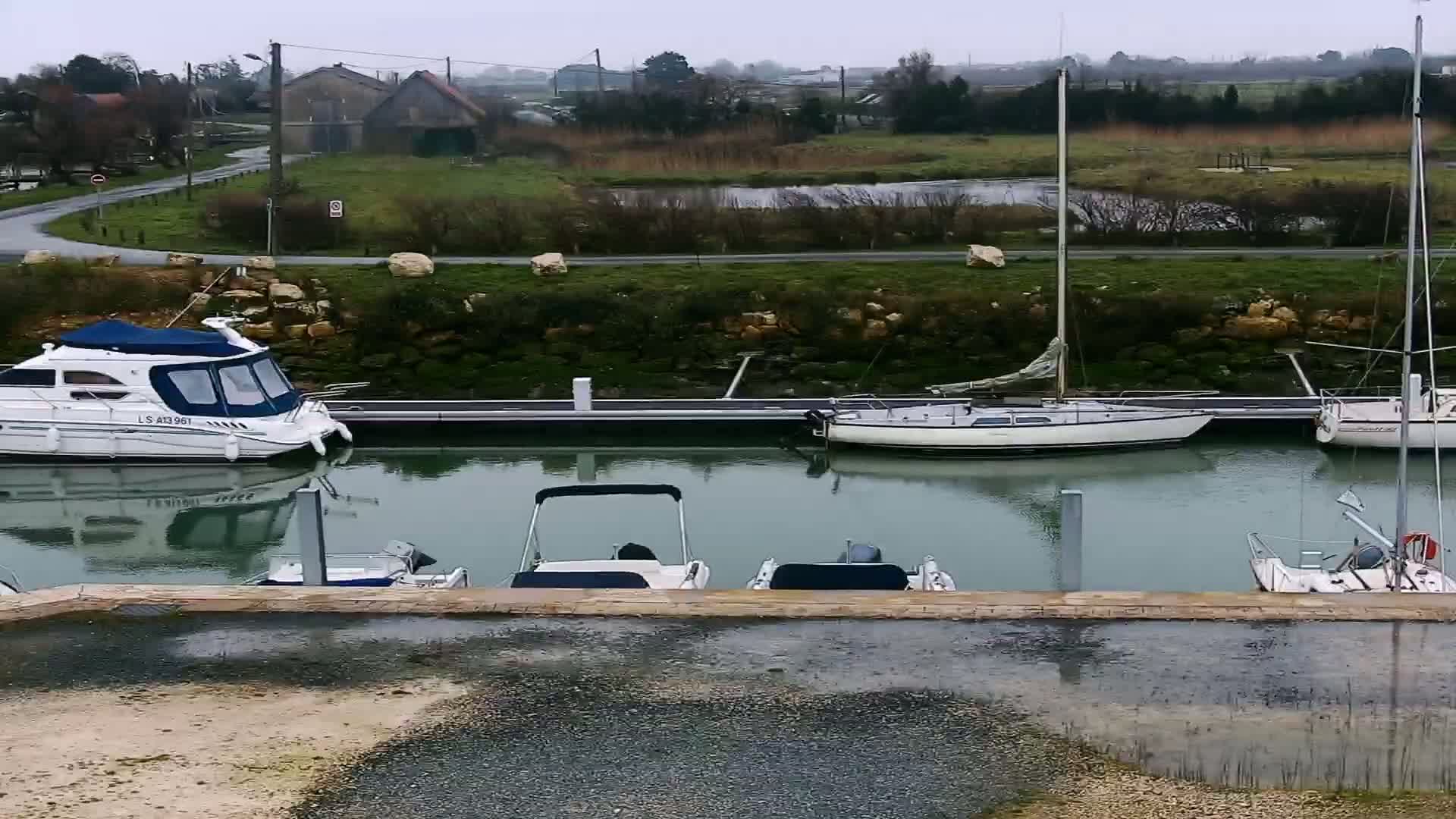 Several boats are moored at a marina on a calm, overcast day.