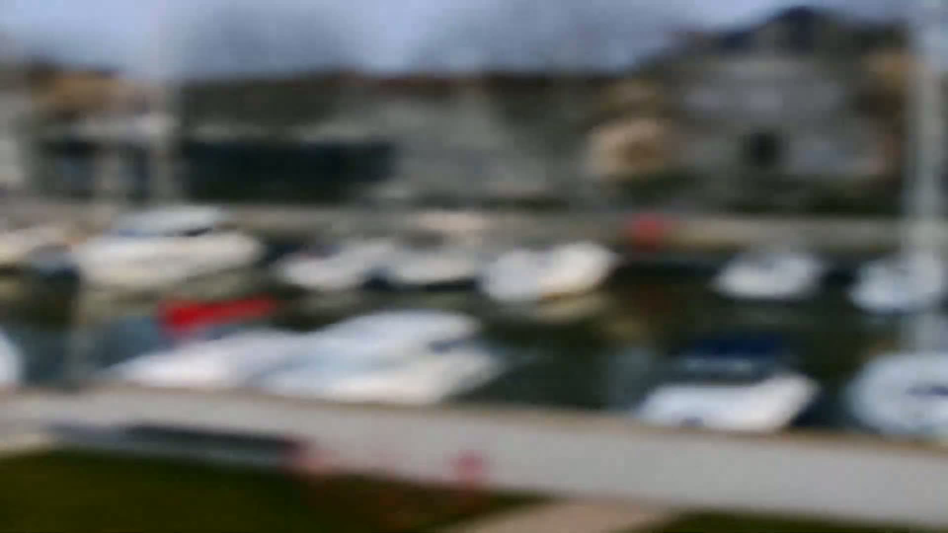 Many boats are docked in a marina on an overcast day.