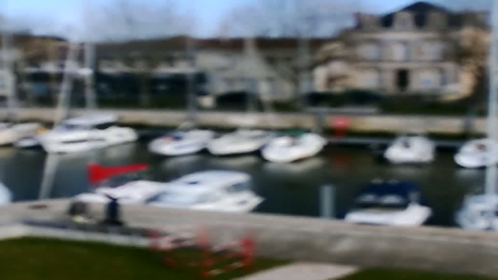 Many white boats are docked in a marina on an overcast day.