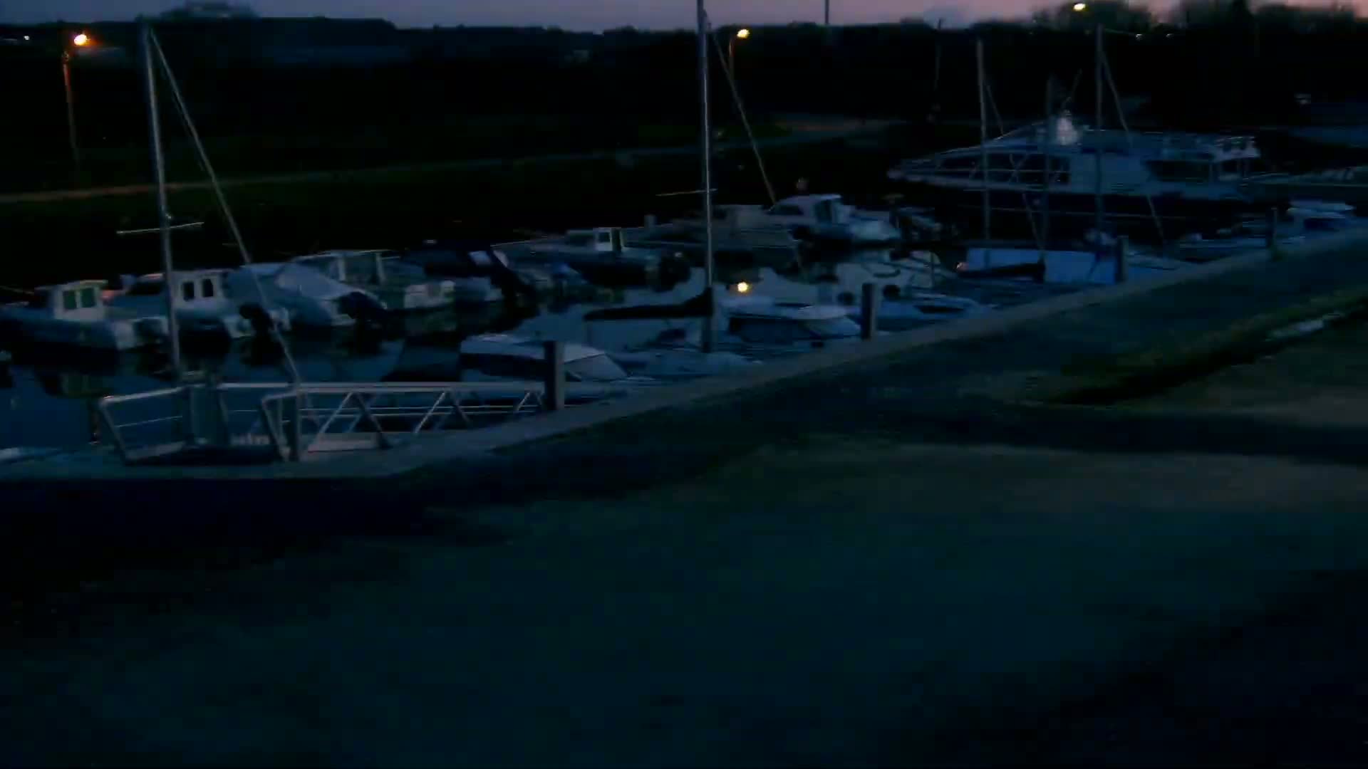 Many boats are docked at a marina at twilight.