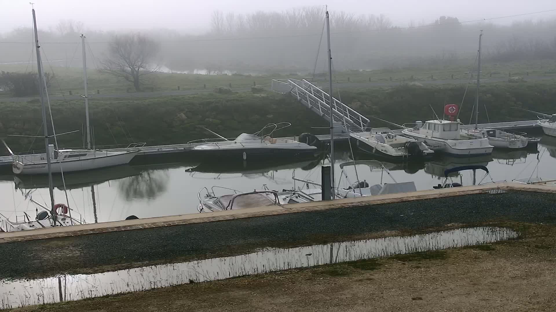 Several sailboats and motorboats are moored in a calm harbor shrouded in fog, with a metal walkway leading to the docks.