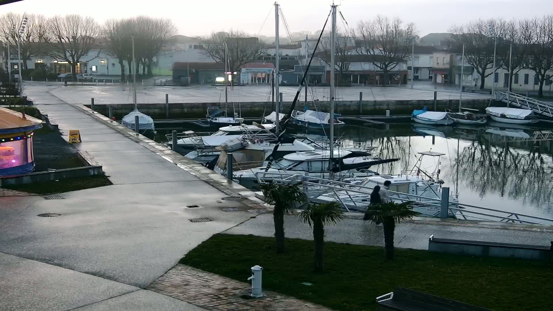 A marina with several boats docked, a person walking along the dock, and a carousel visible in the foreground, all under overcast skies.