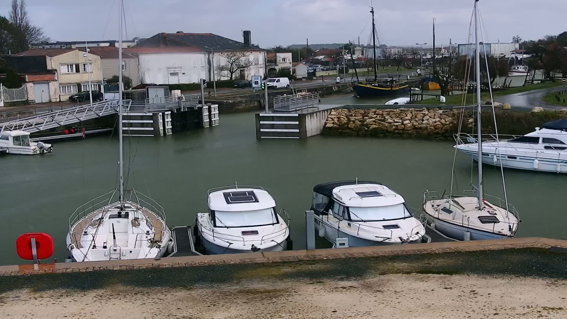 Several motorboats and sailboats are moored in a harbor on an overcast day.