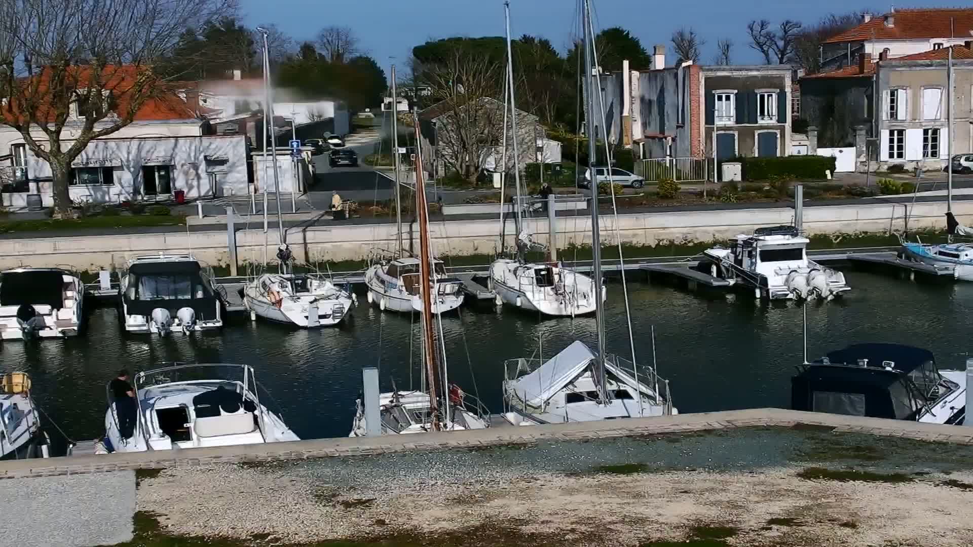 A marina filled with sailboats and motorboats is situated next to a waterfront town under sunny skies.