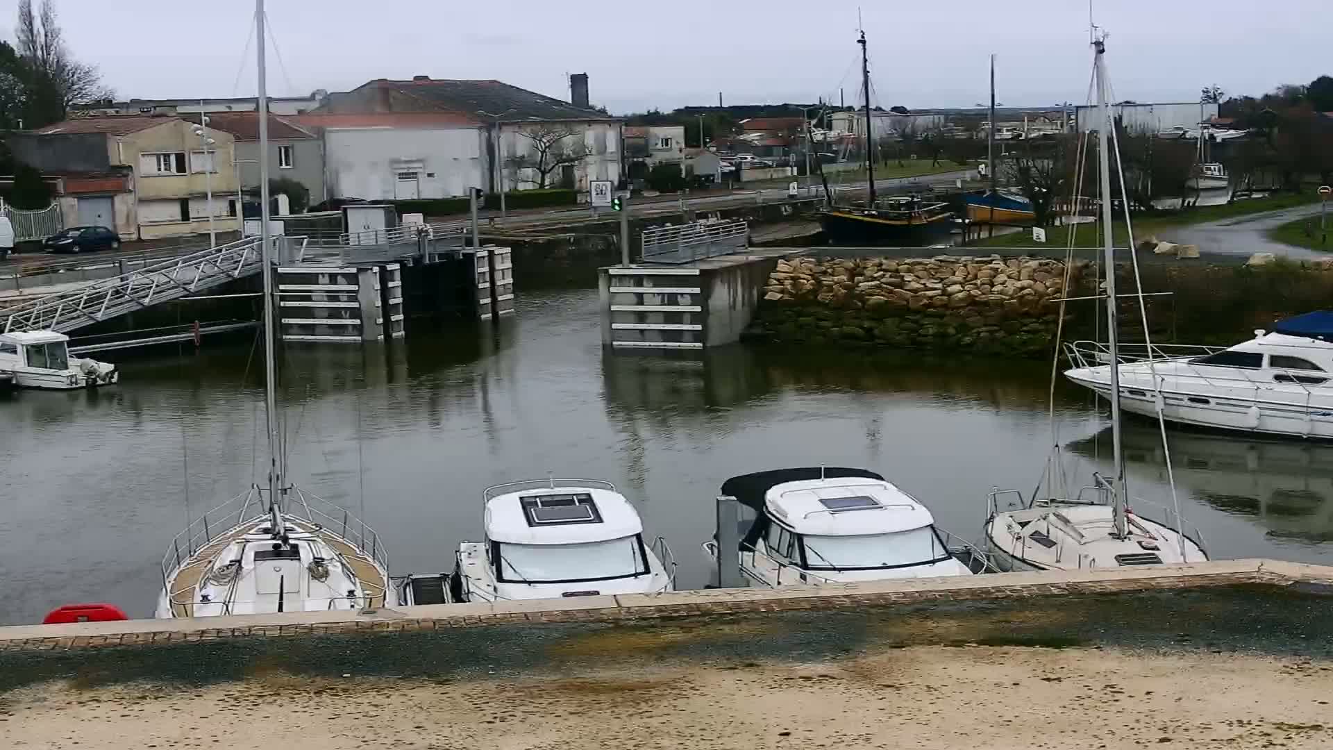 Several boats are moored in a harbor on an overcast day, with a lock gate visible in the background.