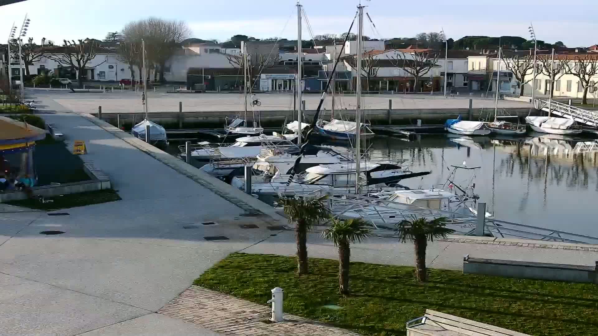 A marina filled with sailboats and motorboats is situated next to a paved plaza and buildings under a clear, sunny sky.
