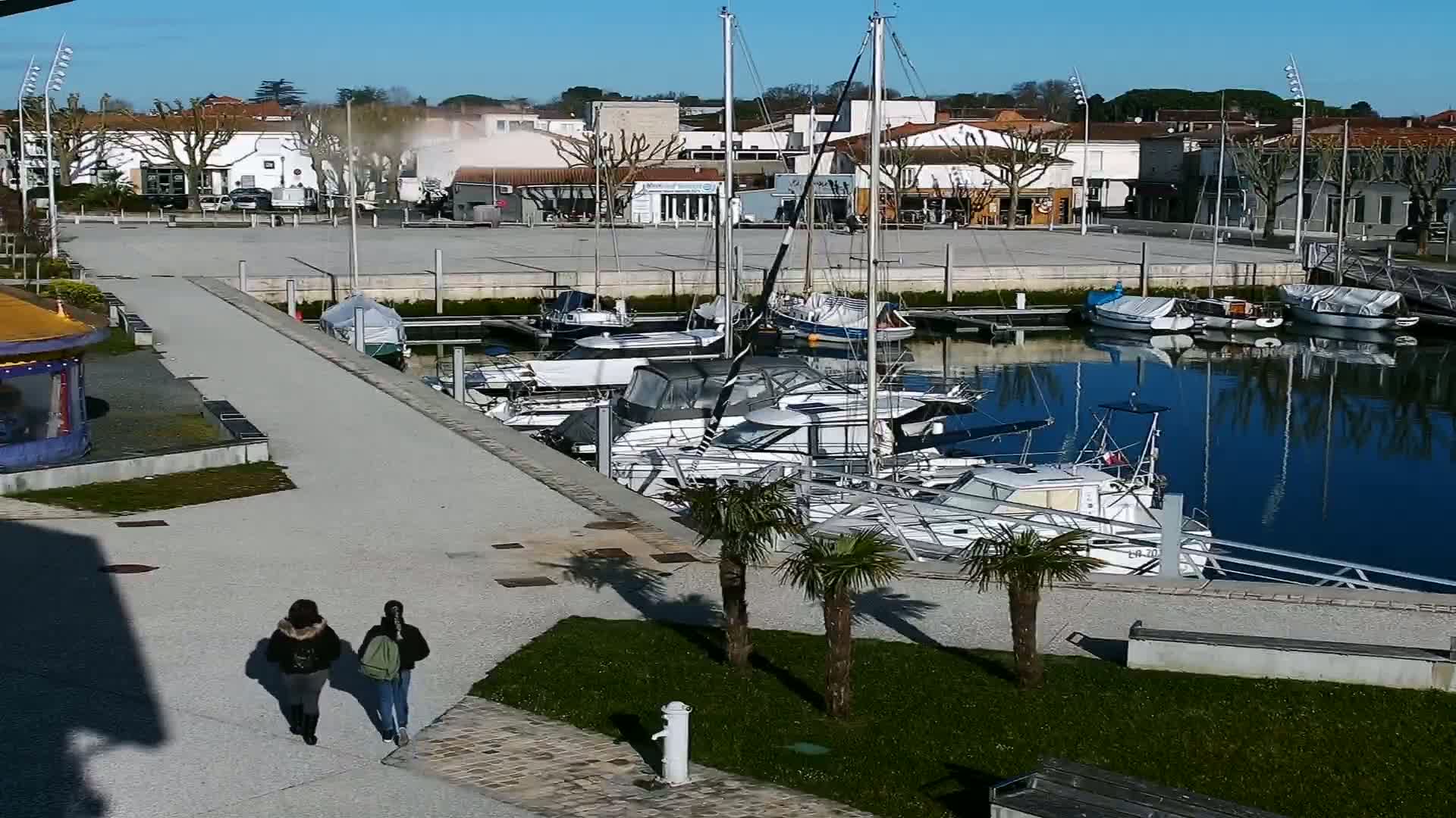 Two people walk along a paved path beside a marina filled with sailboats and motorboats on a sunny day.