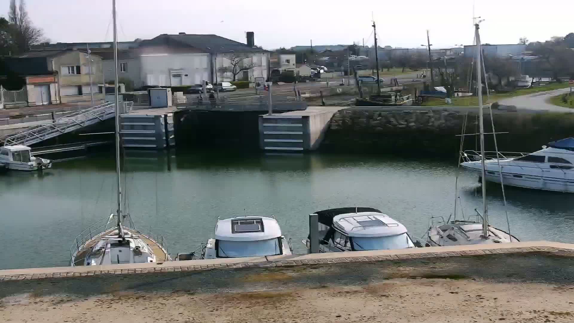 Several sailboats and motorboats are docked in a calm harbor on a sunny day, with buildings and a road visible in the background.