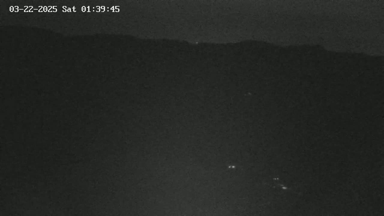 A nighttime, low-light image shows a dark landscape with a few faint lights in the distance.
