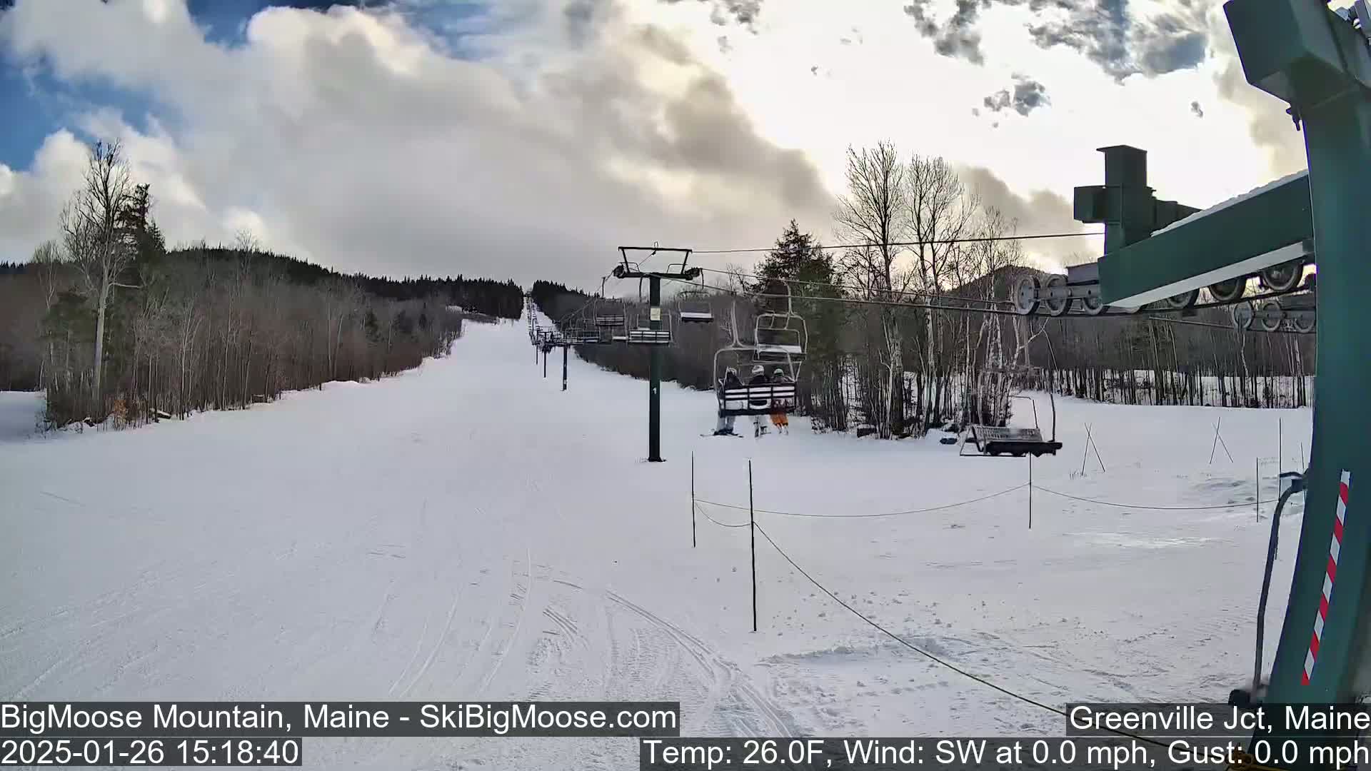 A snow-covered ski slope with a chairlift and several skiers is visible under a partly cloudy sky.
