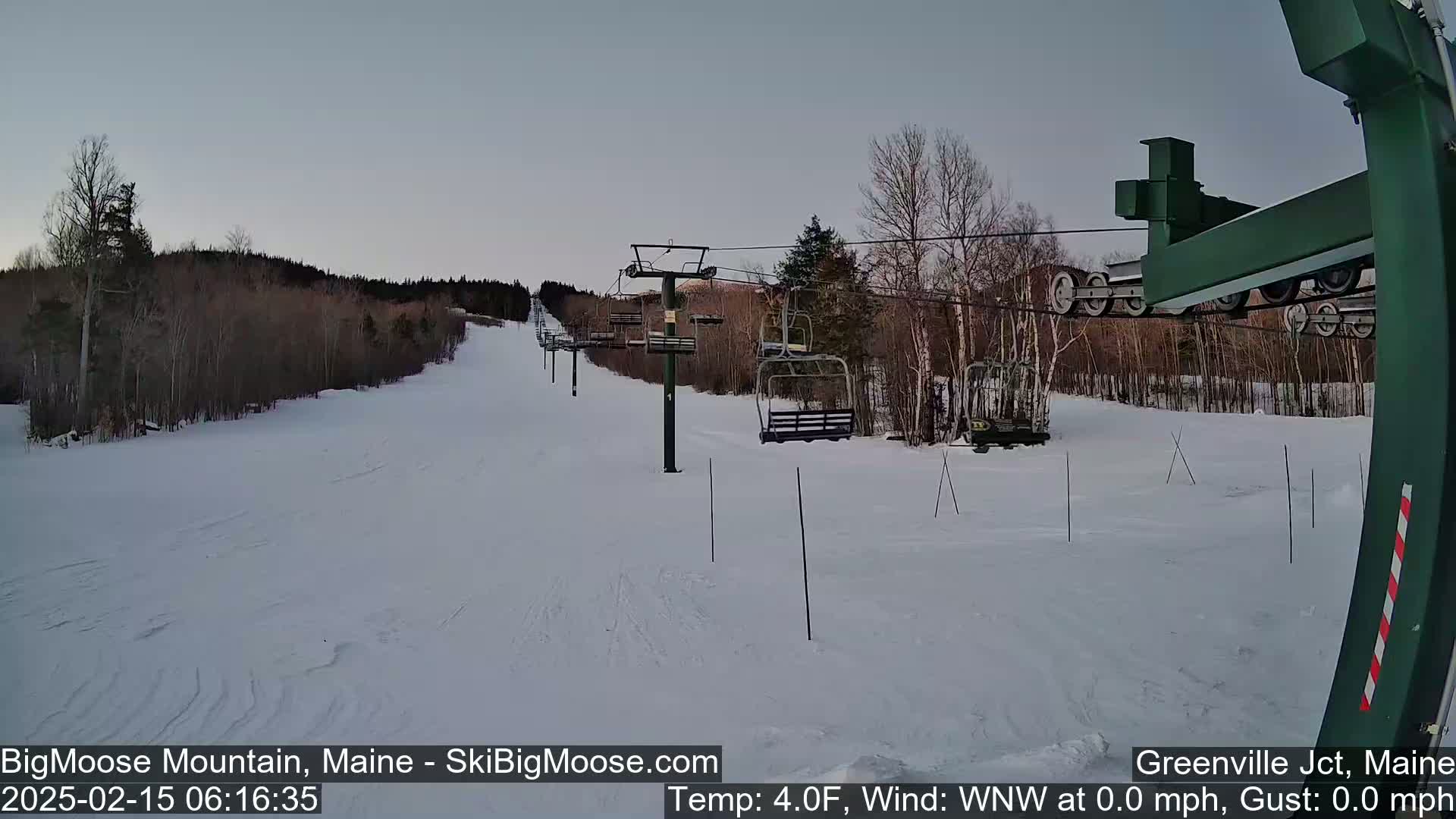 A ski lift ascends a snow-covered slope through a line of leafless trees under a twilight sky.