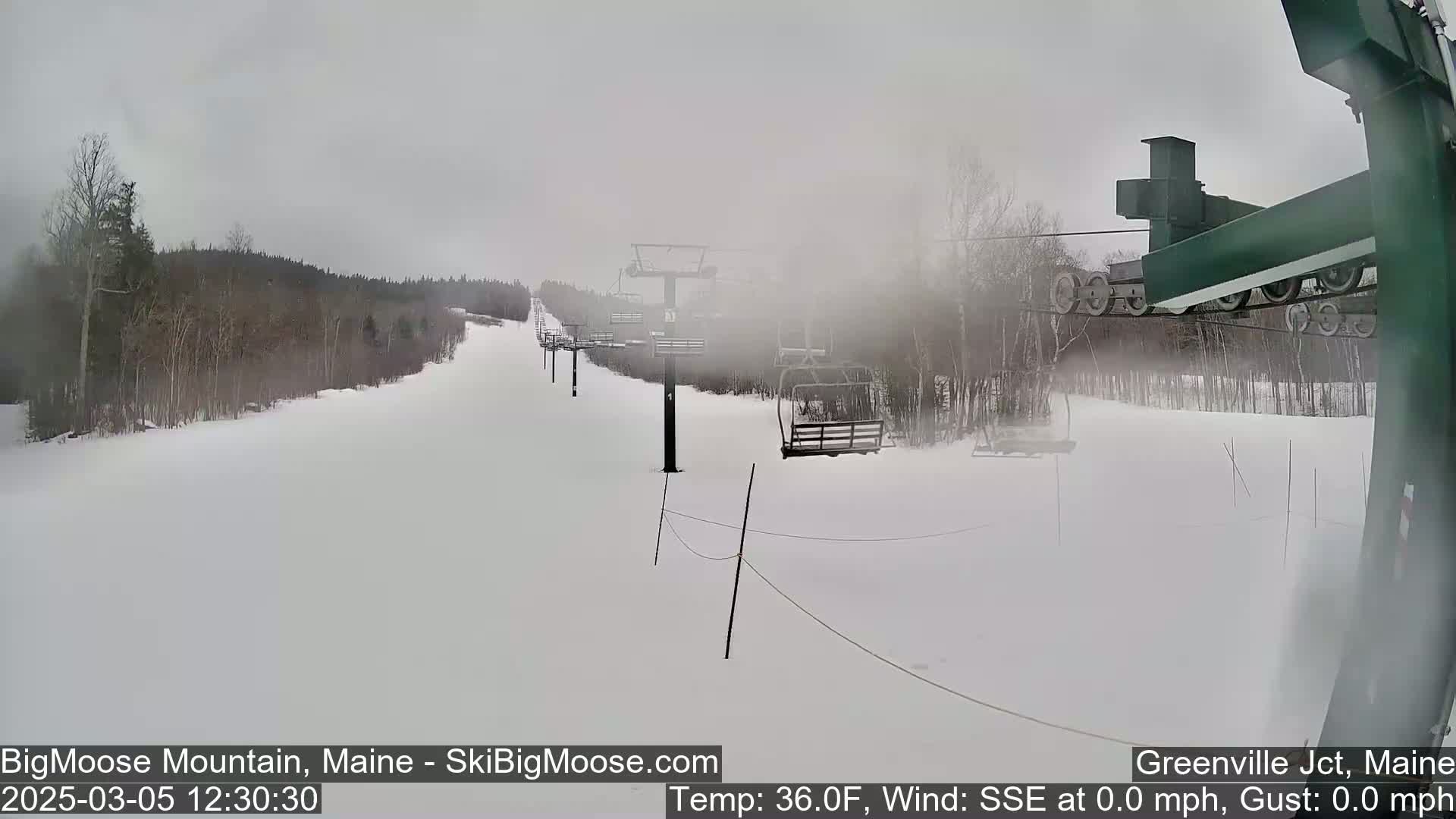 A snowy ski lift with empty chairs ascends a hill under foggy conditions.
